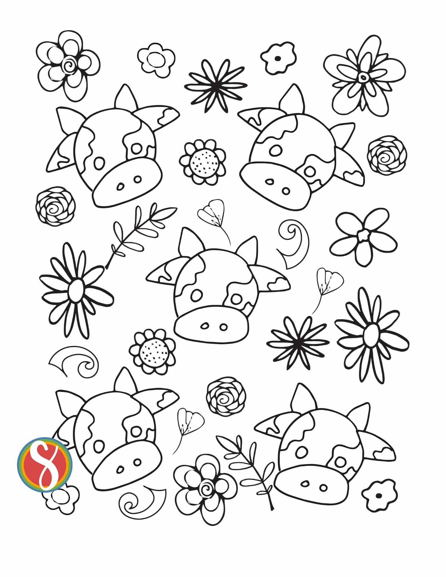 5 cute cow heads, black and white and colorable, surrounded by simple little black and white colorable flowers