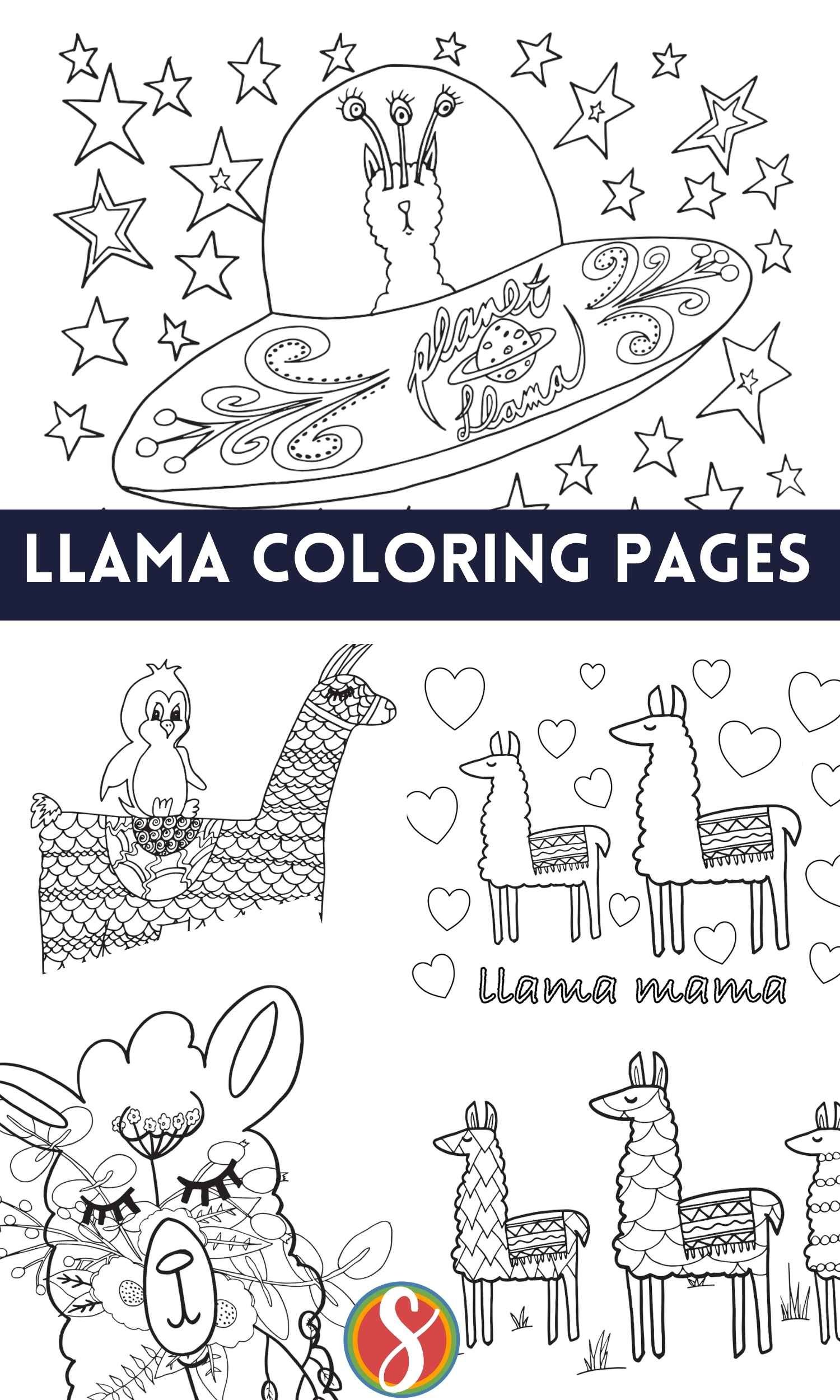 a collage of llama coloring pages