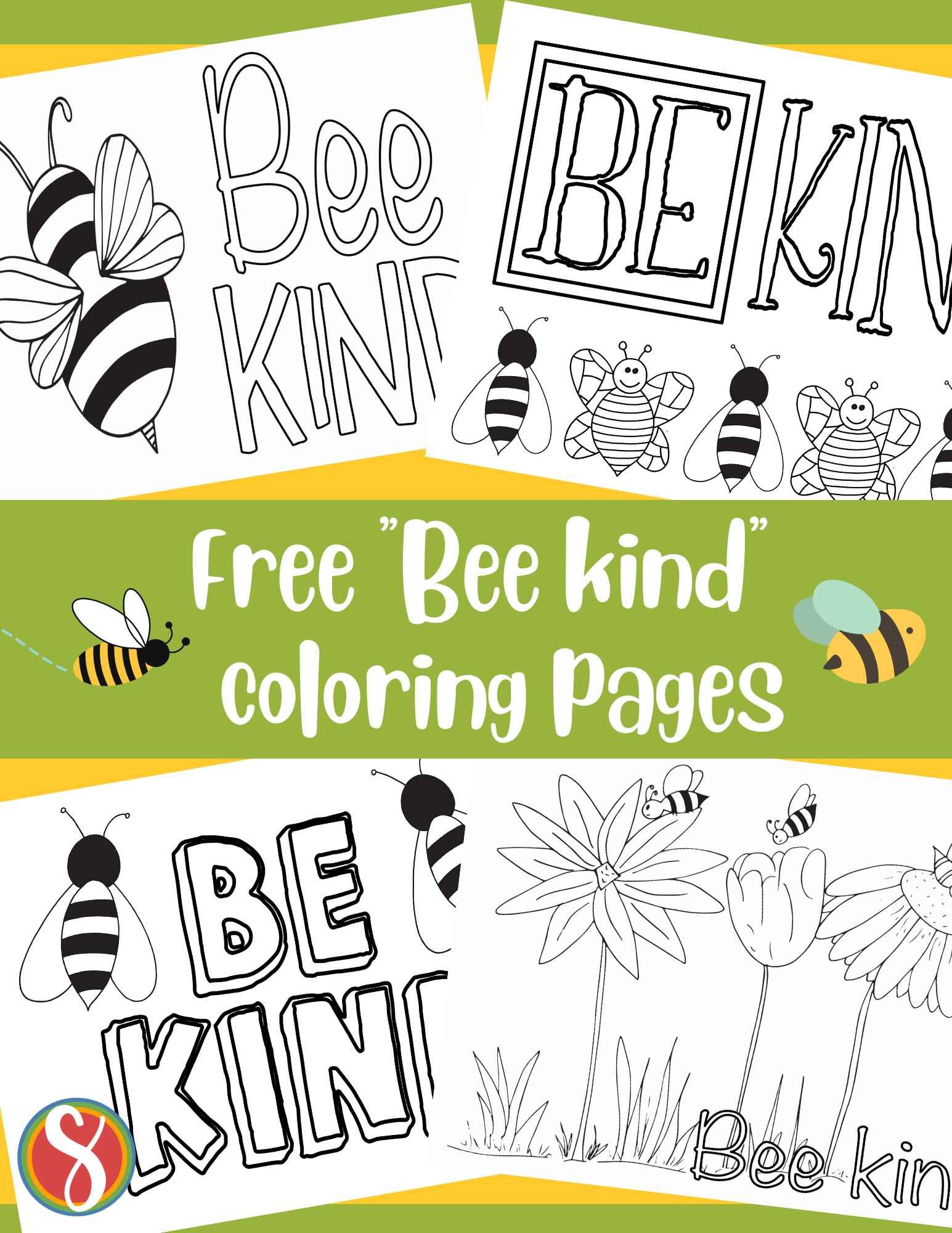 a collage of bee coloring pages - lots of drawings of bees on a yellow background, with a round blue badge with the words "free bee coloring pages" inside