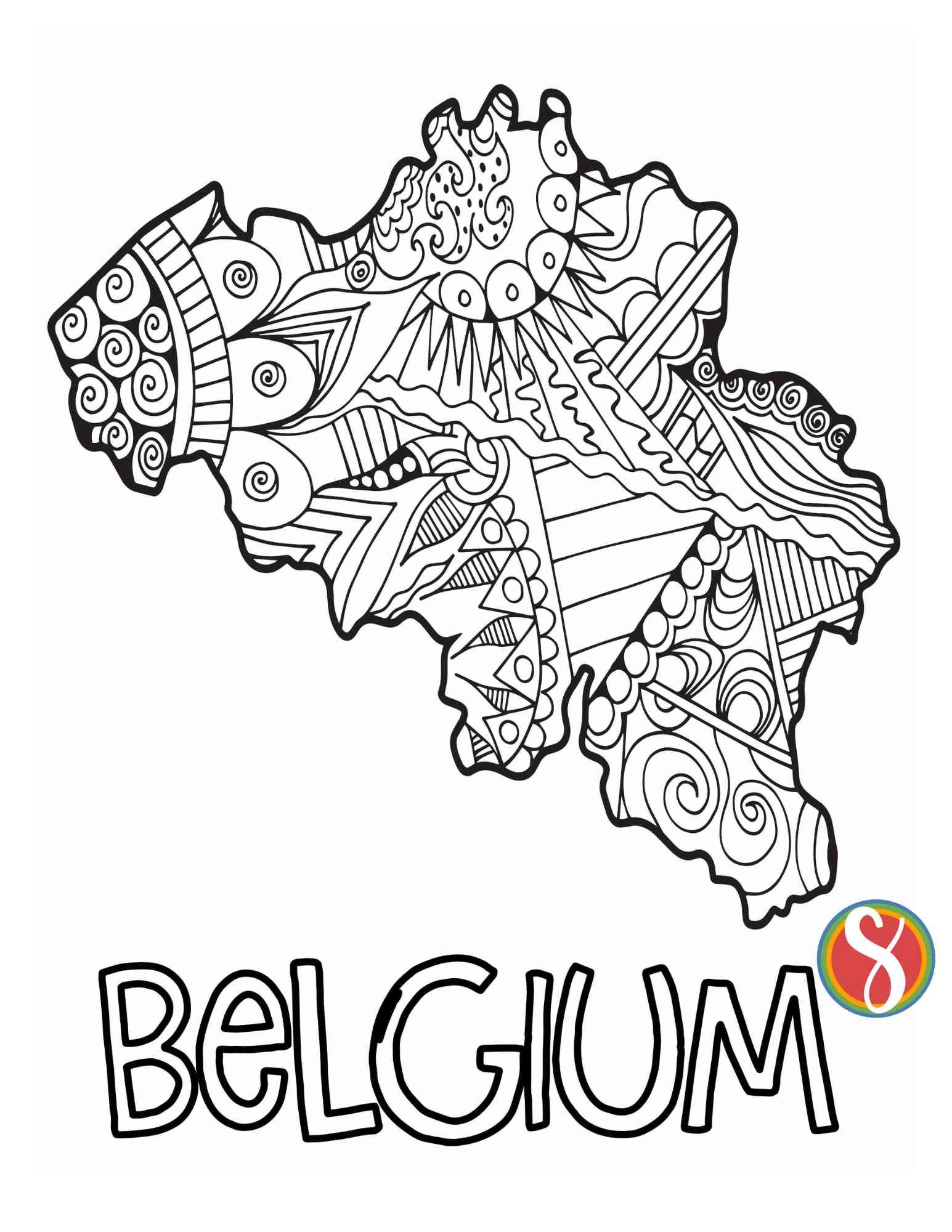 belgium coloring page, outline of map filled with with doodles