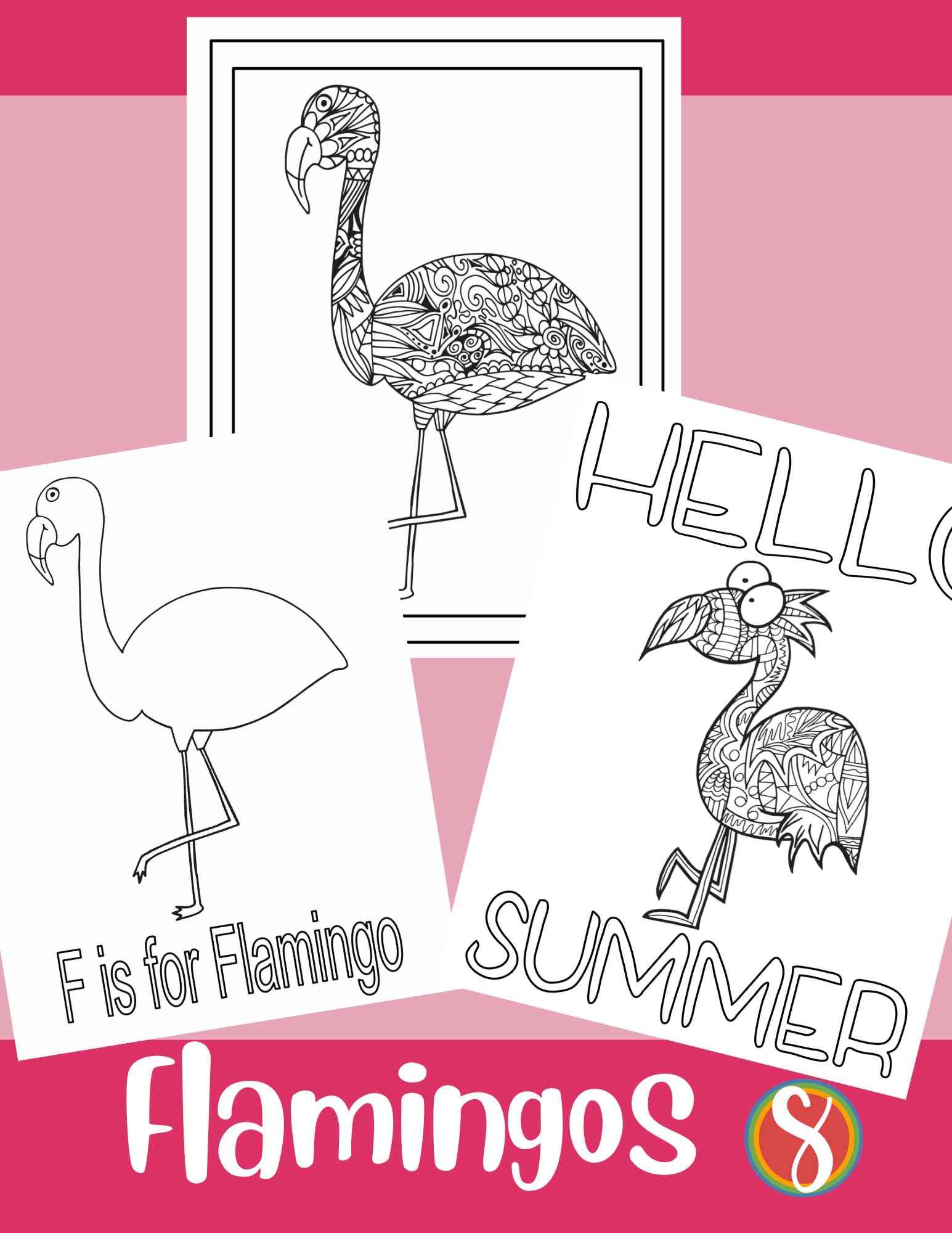3 flamingo coloring pages on a light pink background