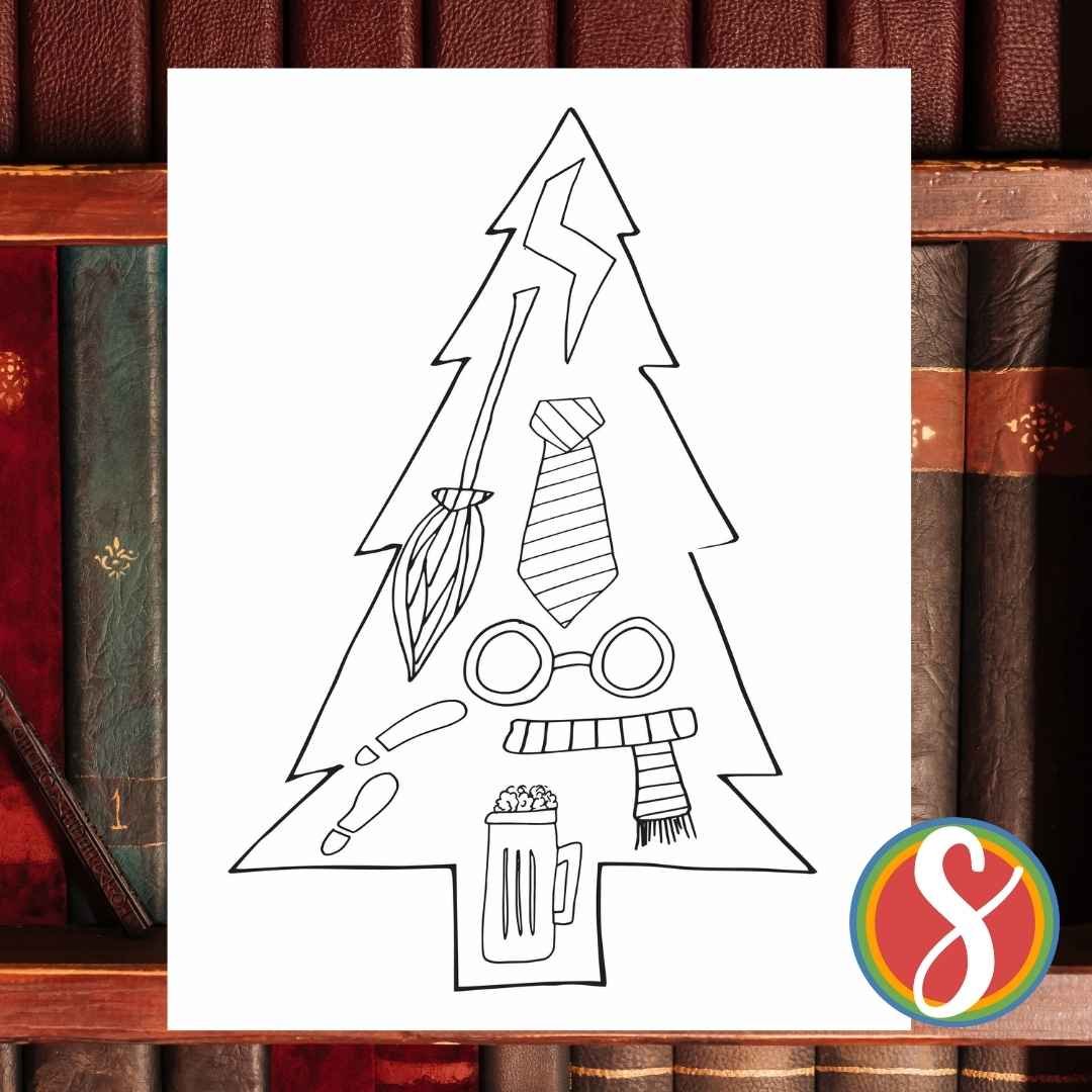 christmas tree outline with Harry Potter elements inside to color