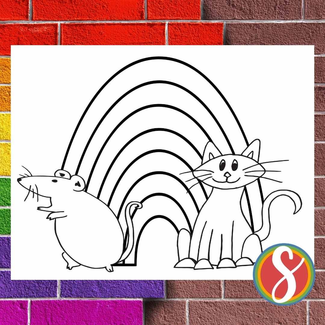 rainbow with mouse and cat in front of it coloring page