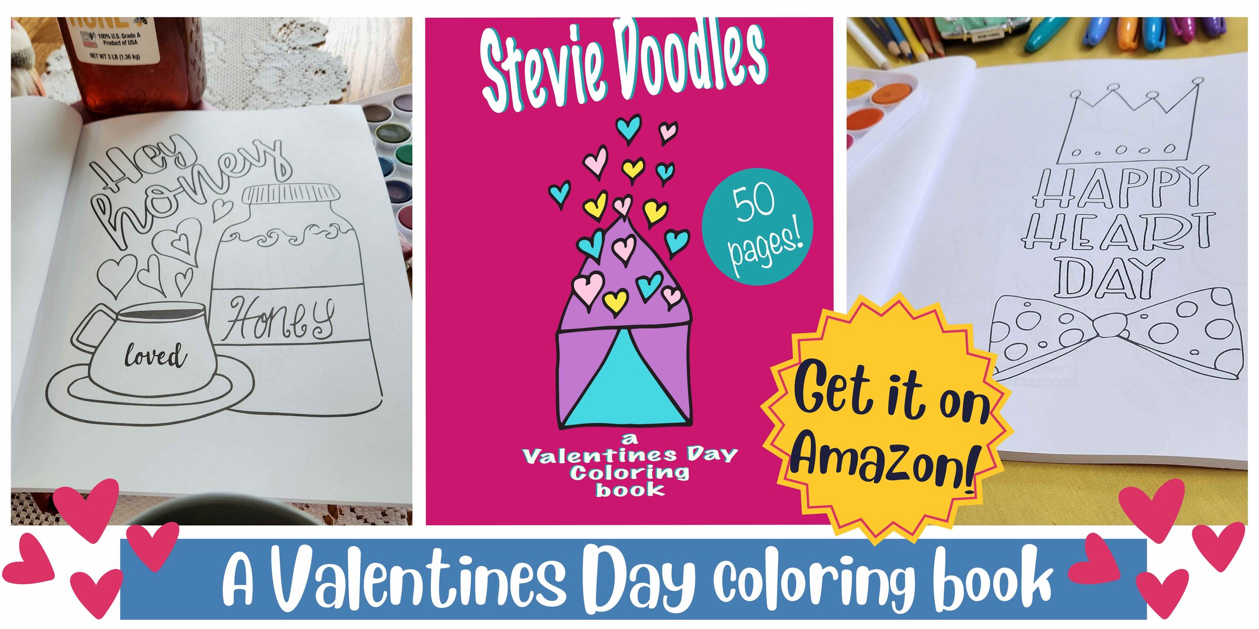 text "A valentines day coloring book" the cover of my book + 2 coloring pages from the book