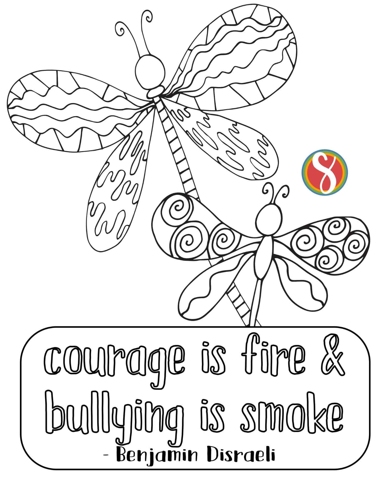 bullying quote on a dragonfly coloring page with two simple dragonflies