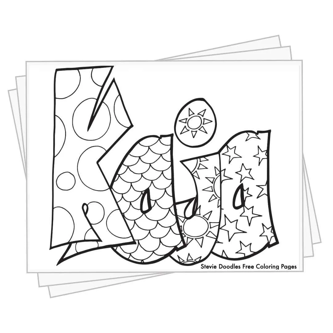 bubble letters "Kaja" with doodles inside to color