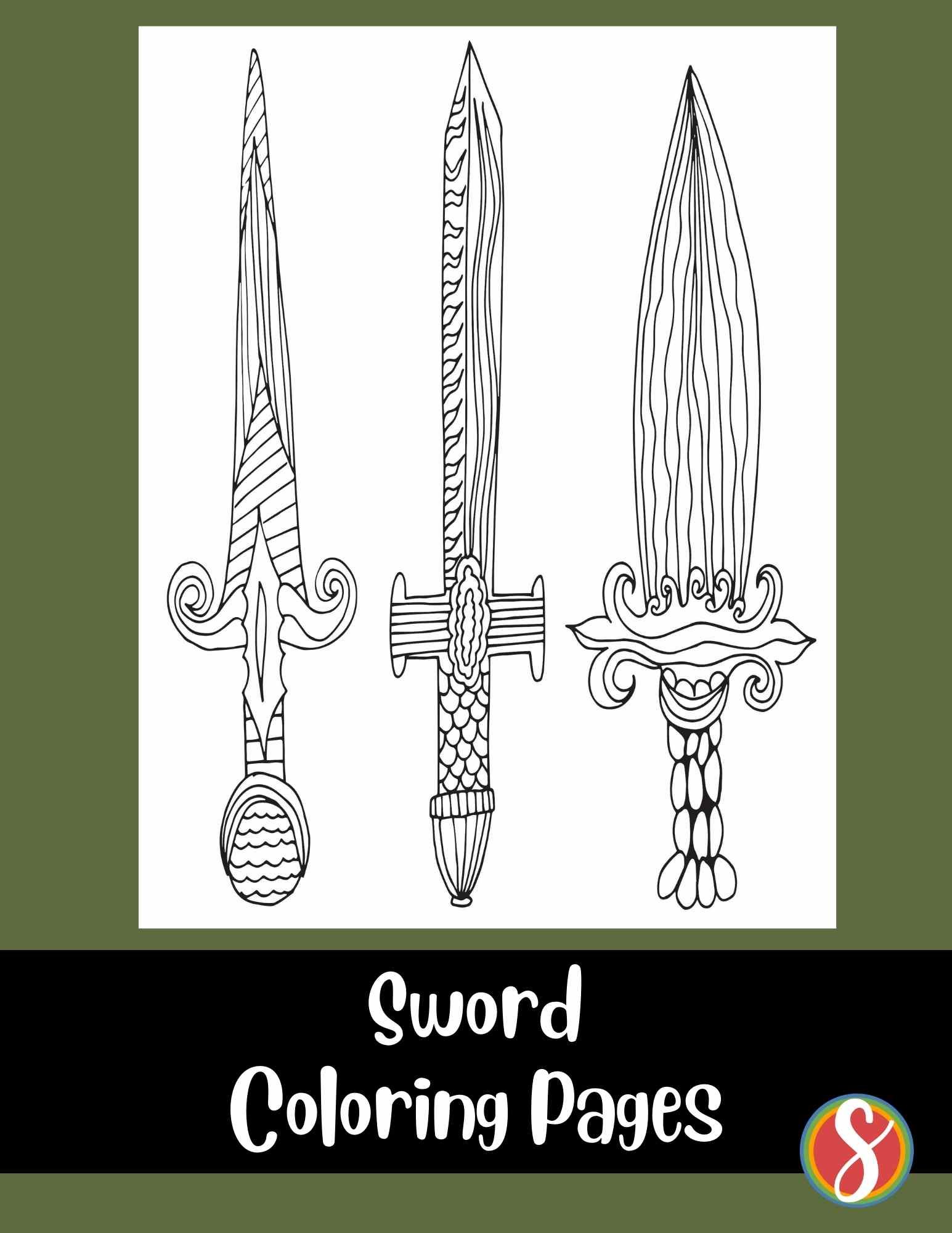 3 swords to color with doodle details inside