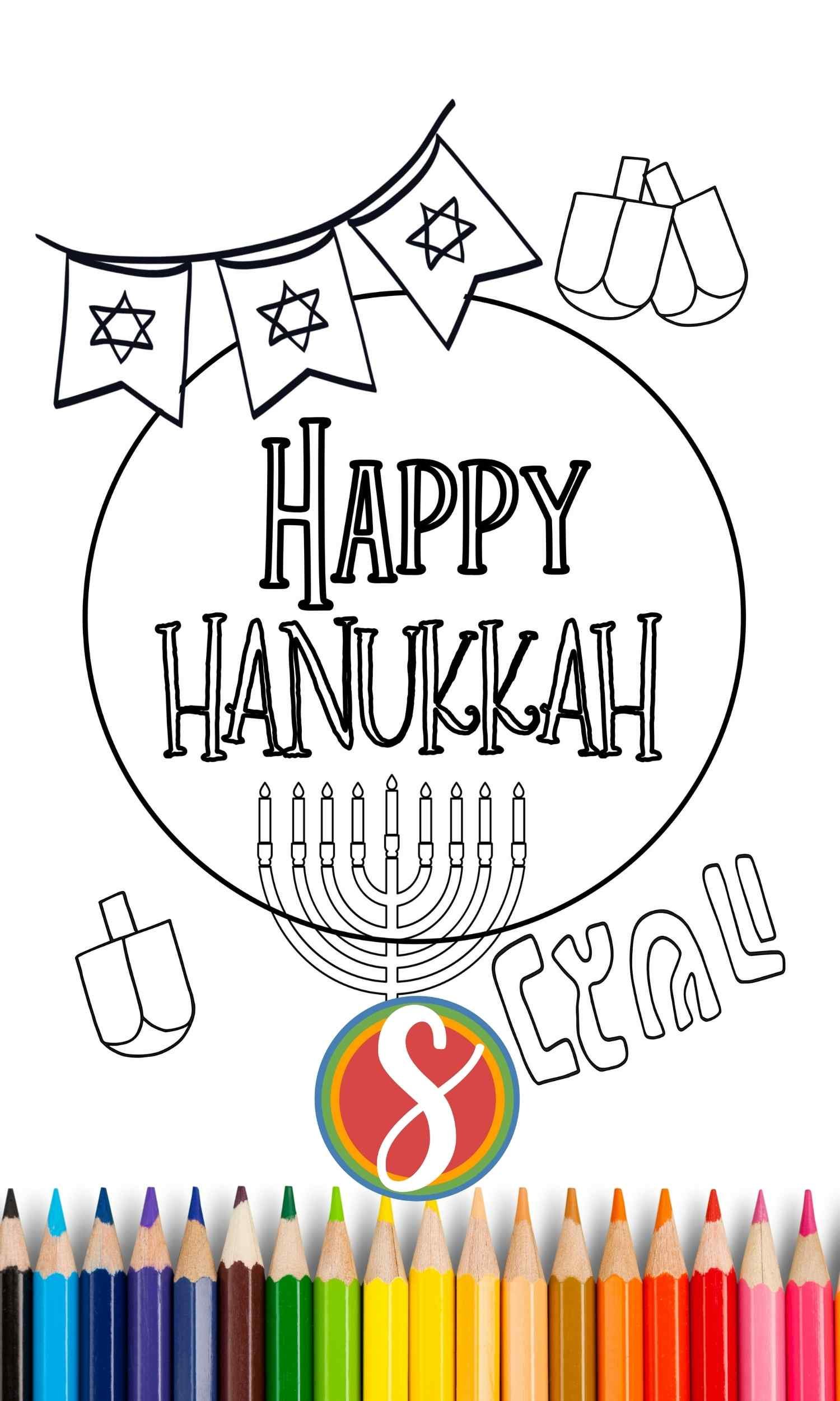 Hanukkah coloring page with a bunch of hanukkah symbols, star of david, dreidels, menorah