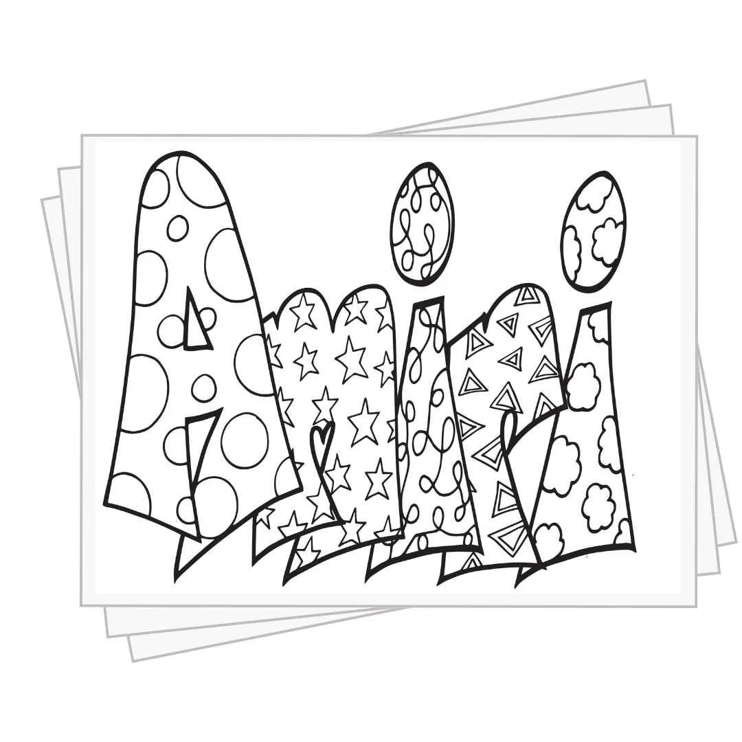 bubble letters "Amiri" with doodles inside to color