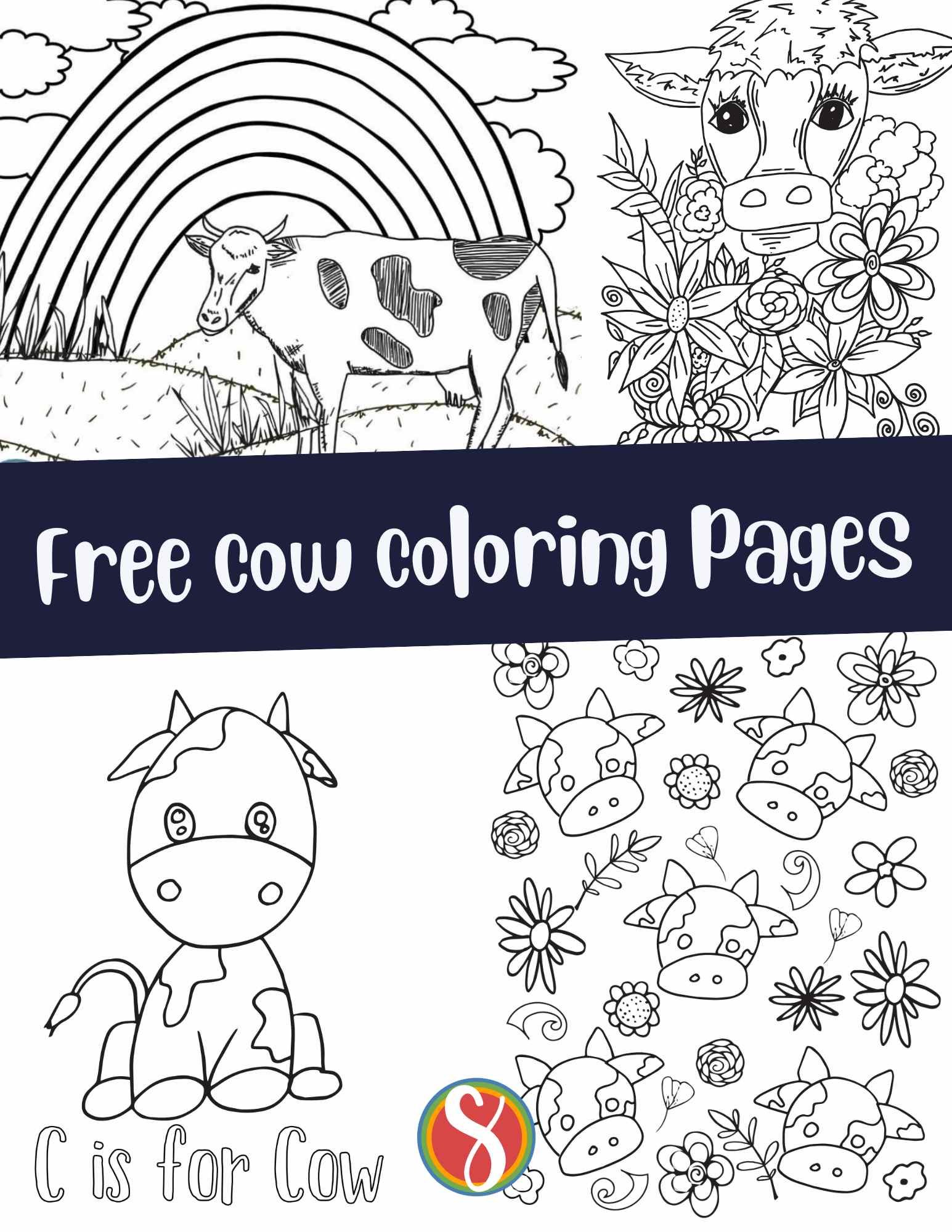 a collage of cow coloring pages with the text "free cow coloring pages"