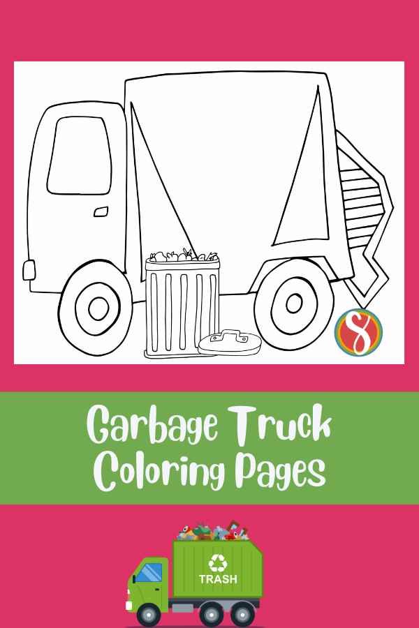 simple garbage truck coloring page next to trash can