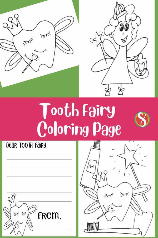 4 tooth fairy coloring pages in a collage