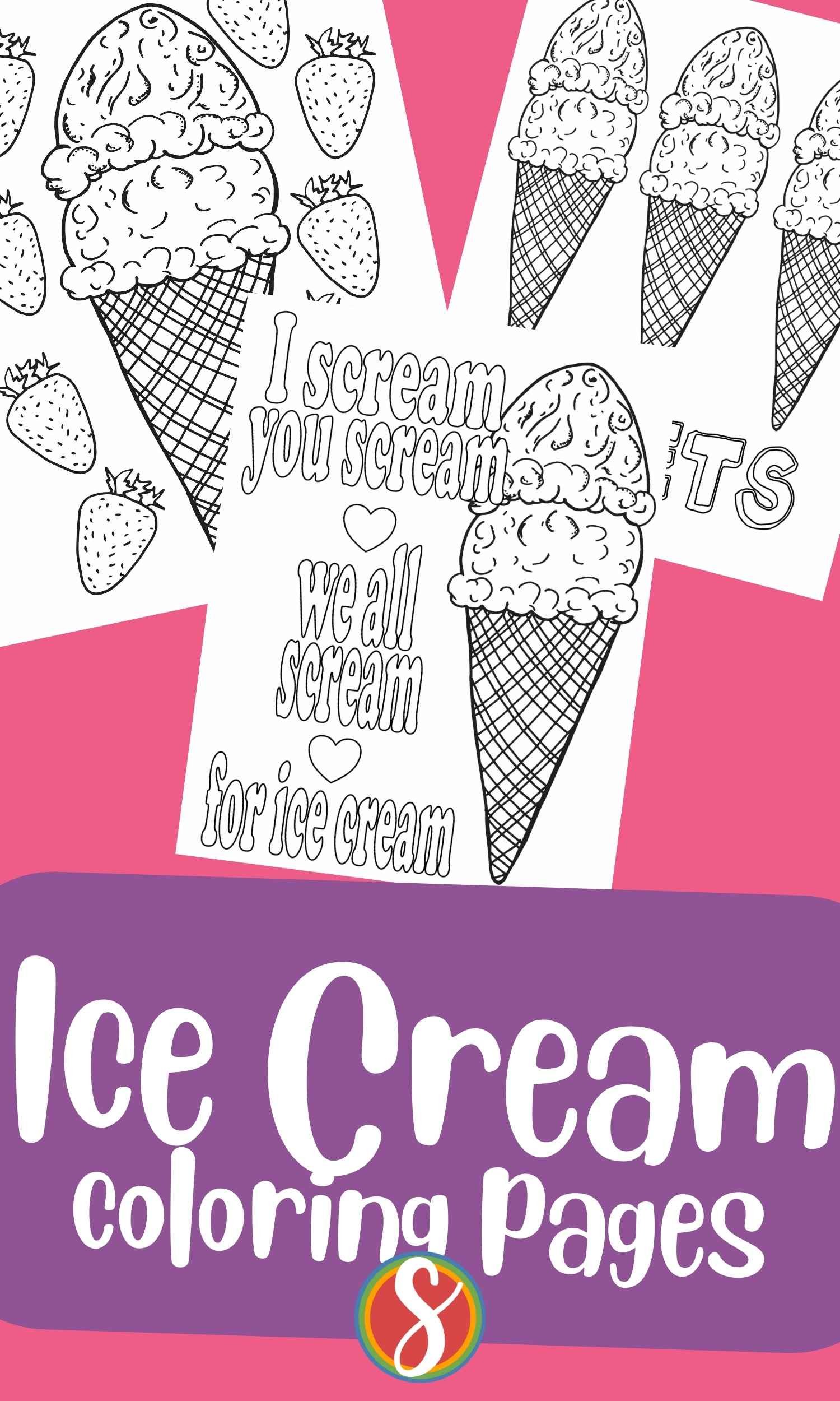 3 ice cream coloring pages on a pink background