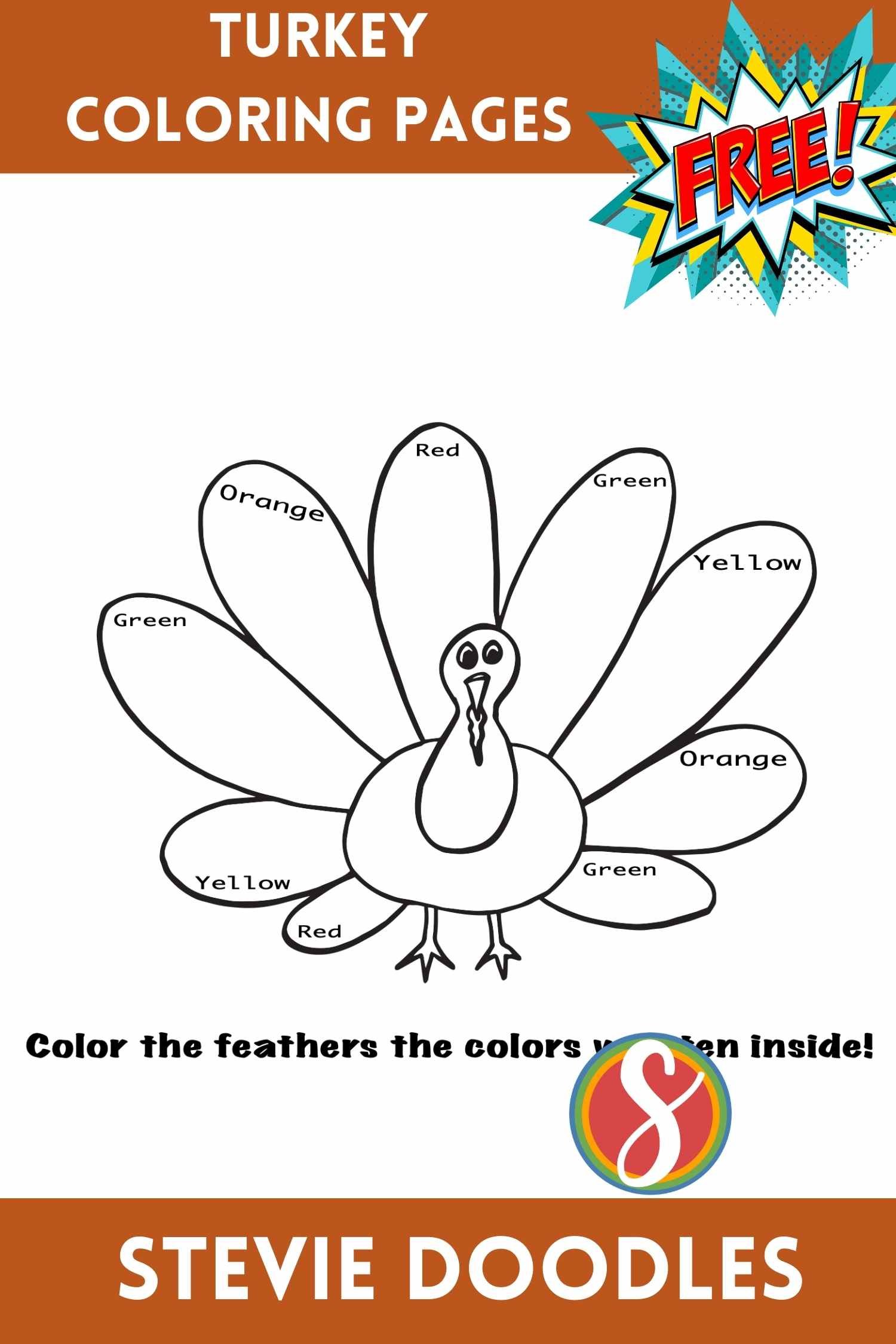 simple turkey drawing with colors inside each feather to color