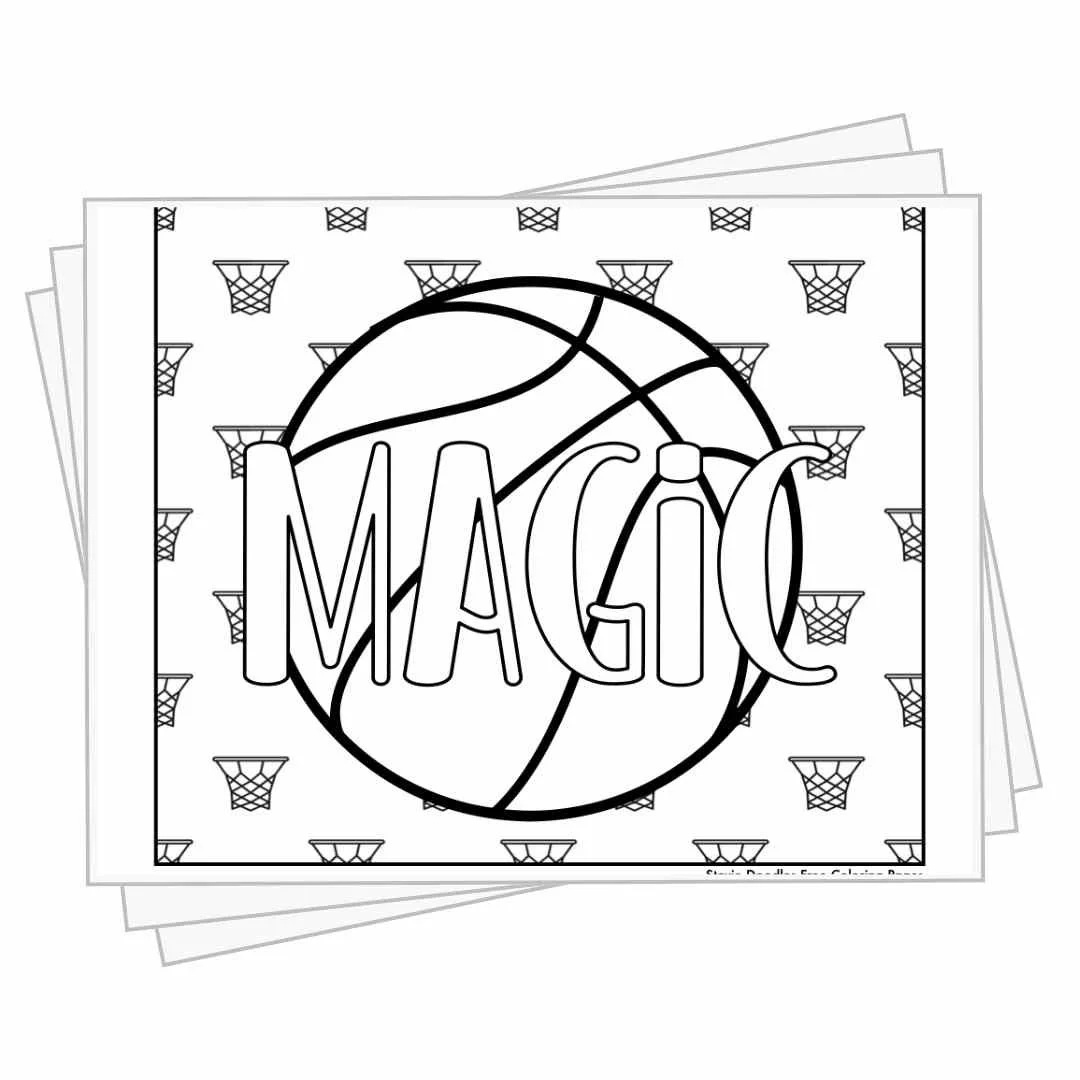 bubble letters "Magic" in front of basketball elements to color