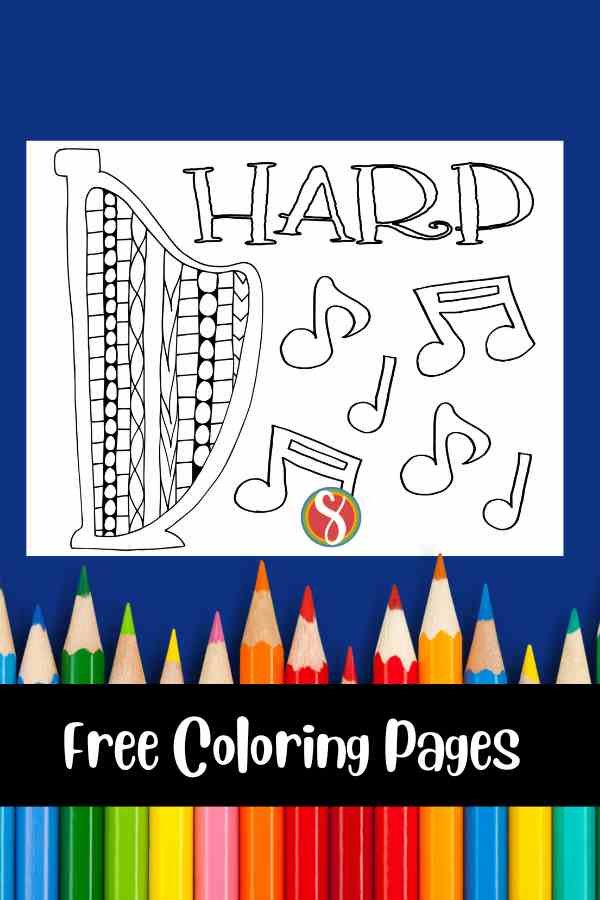 colorable harp drawing with colorable music notes