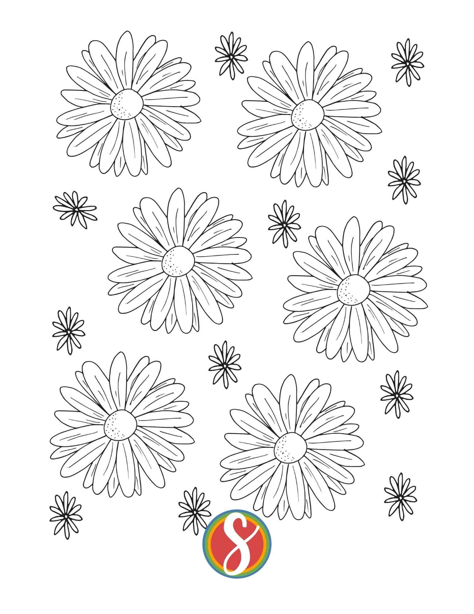 6 large daisies surrounded by more smaller daisies on a coloring page