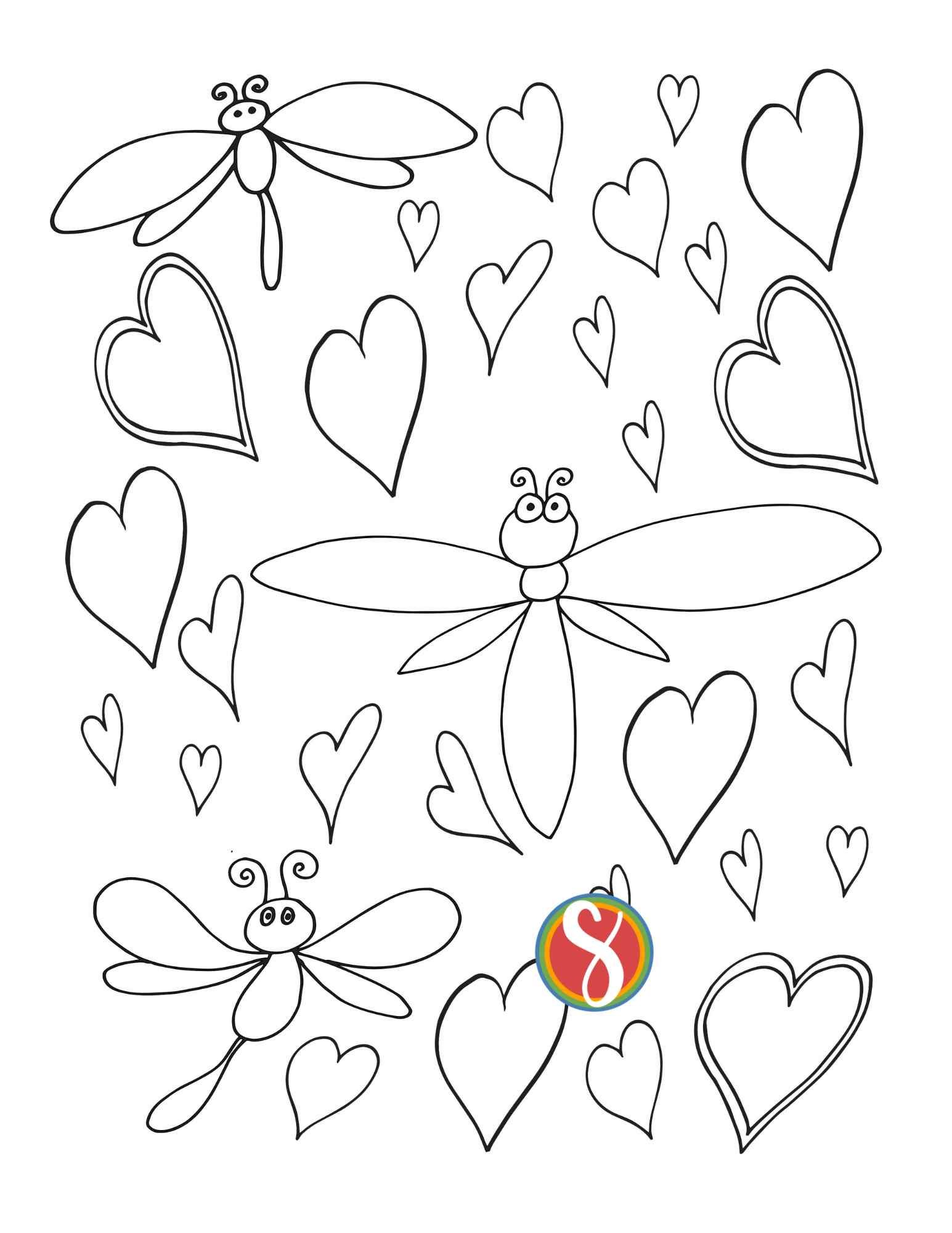 different sizes of hearts and dragonflies  coloring page