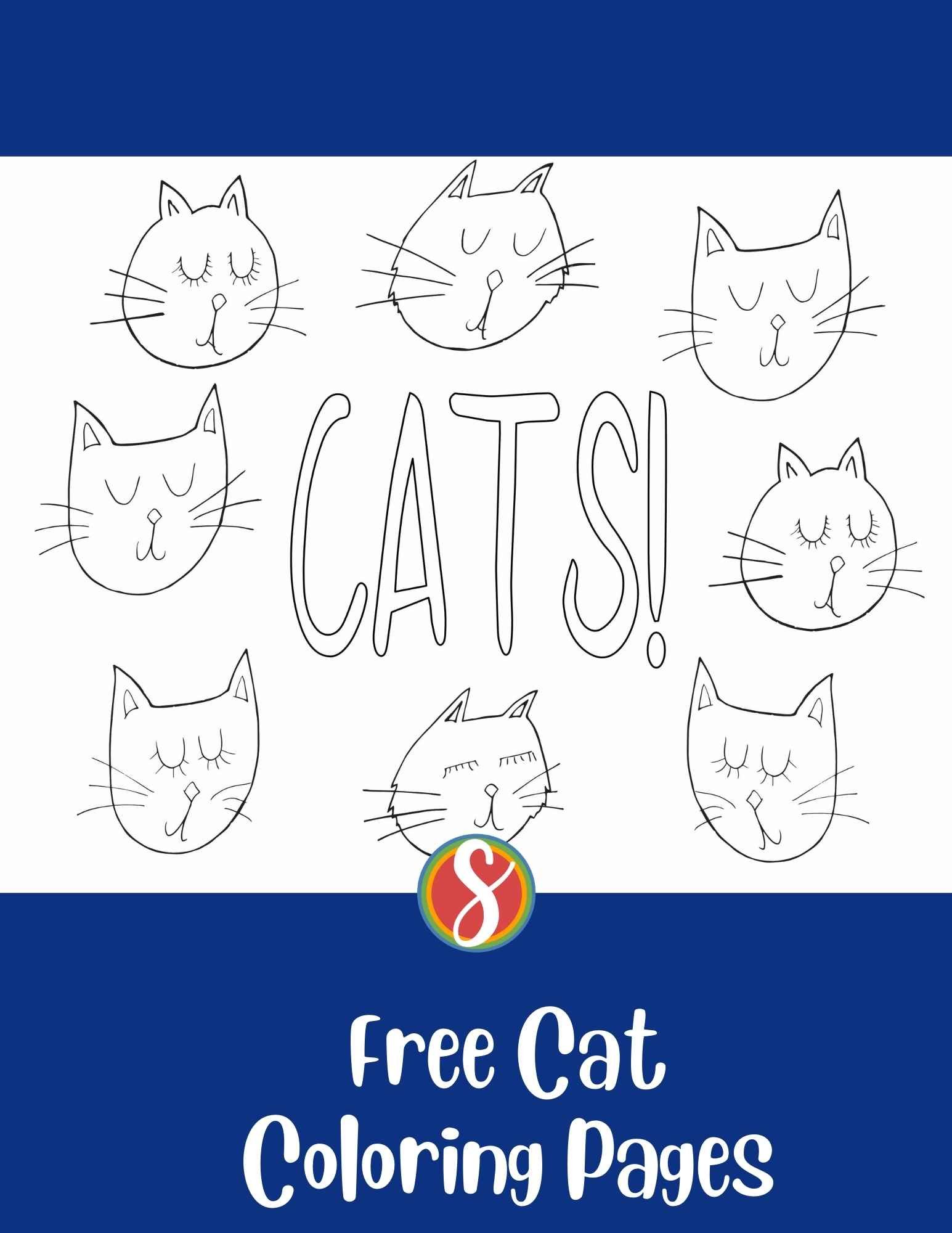 colorable text "cats" surrounded by a bunch of faces of cats coloring page