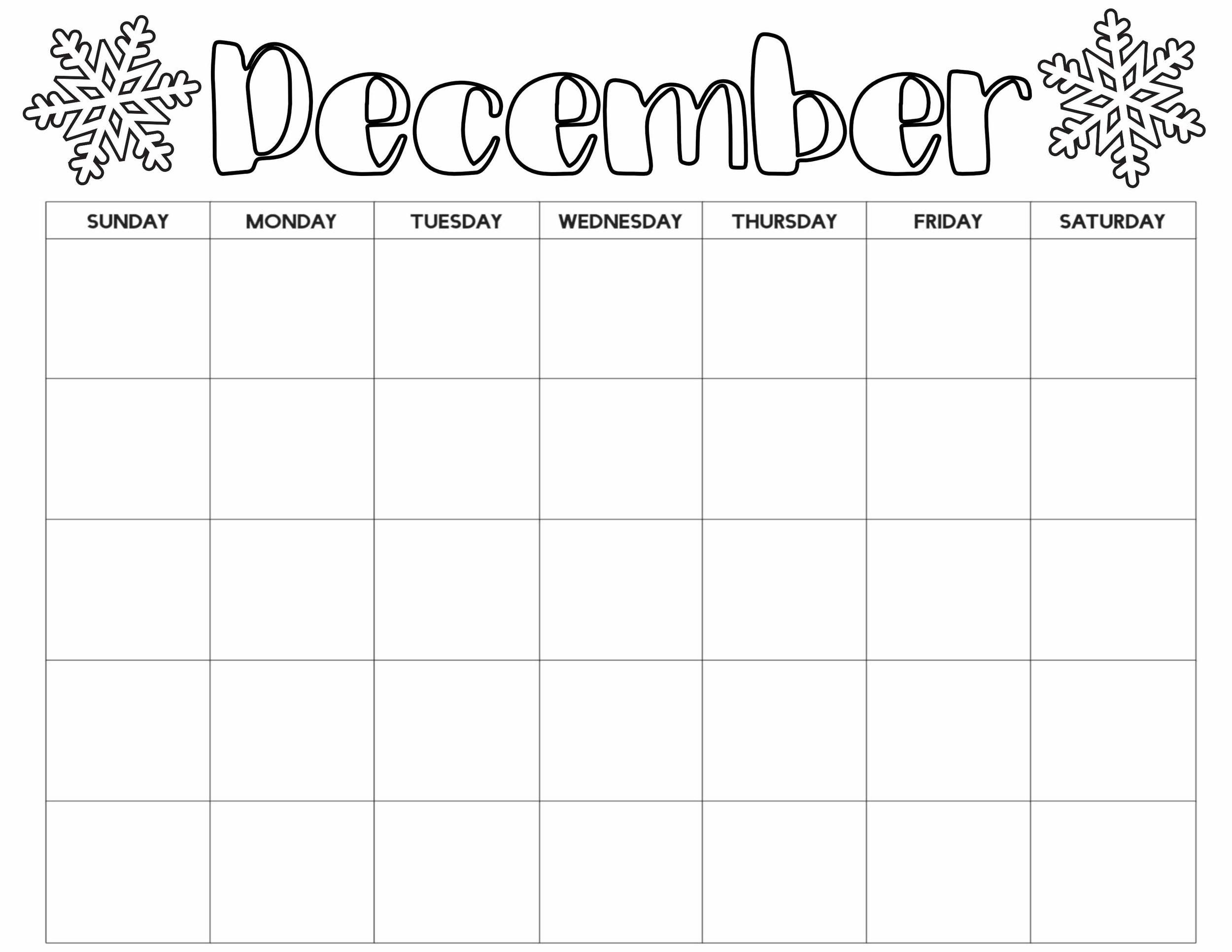 colorable text "December" with snowflakes on either side above a calendar