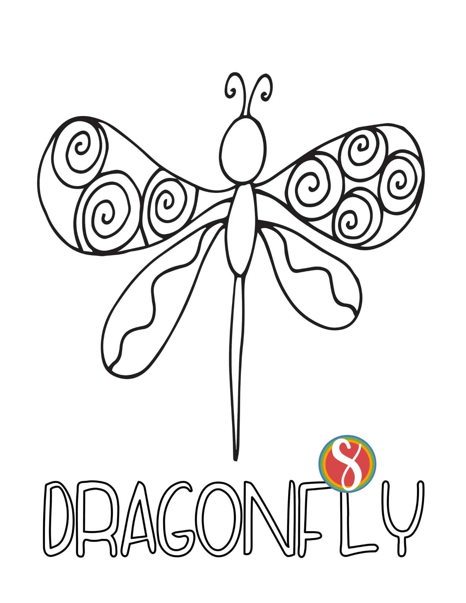 dragonfly coloring page, simple dragonfly outline with doodles inside