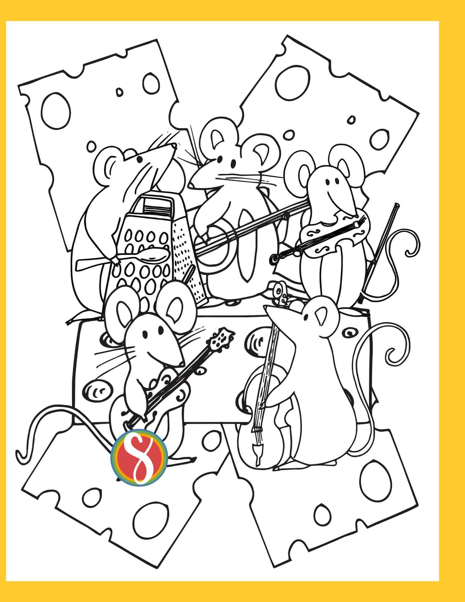 5 mice play various instruments on a background of cheese on a coloring page