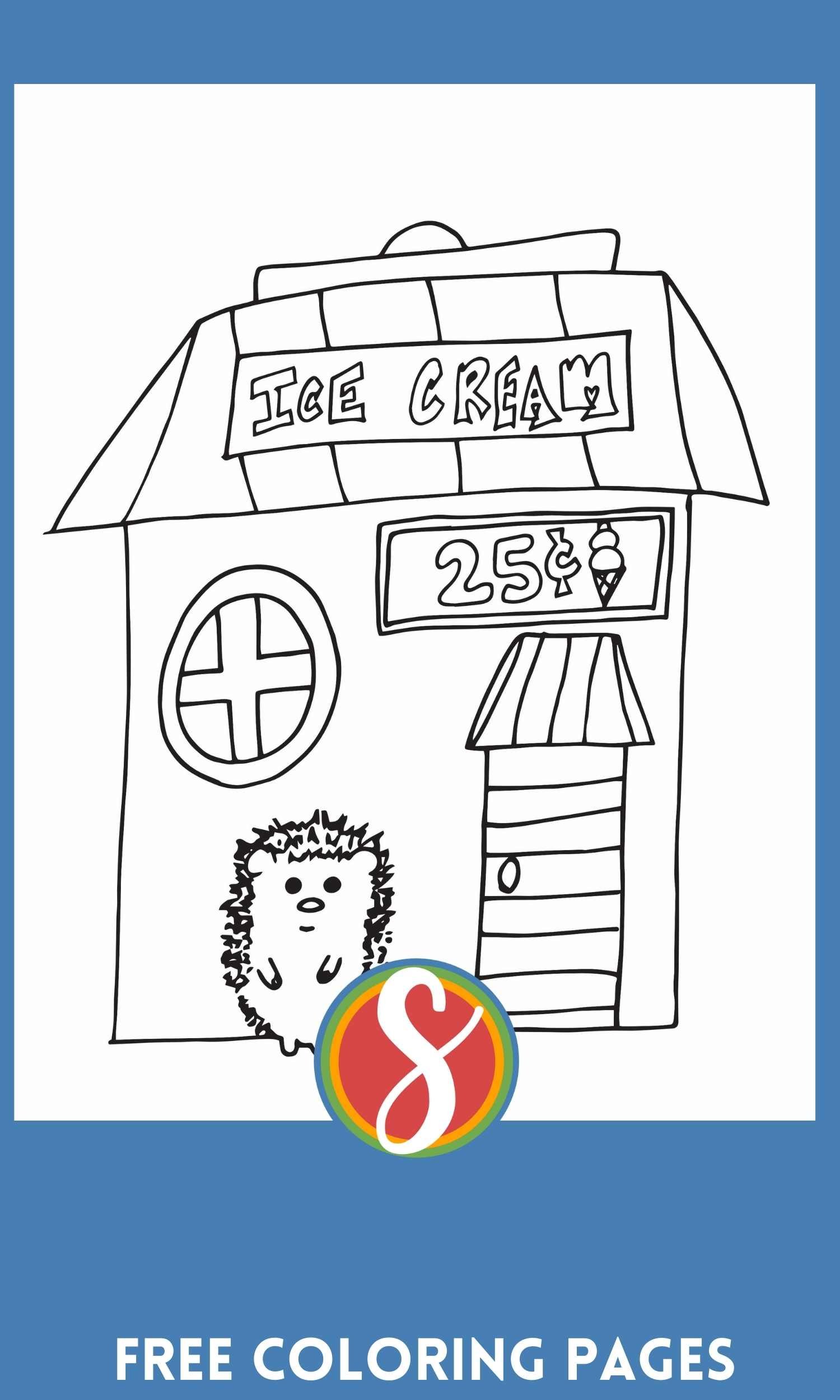 hedgehog coloring page with a cute ice cream shop where a hedgehog sells 25 cent ice cream