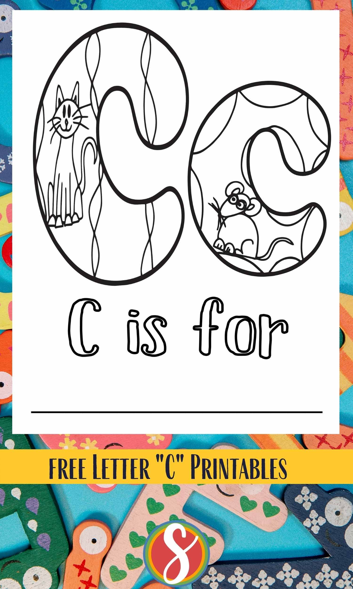 c coloring sheet, big c and little c, bubble letters, one with cat inside, one with mouse