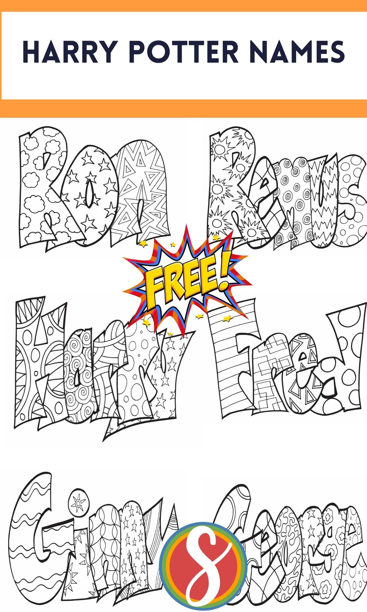 collage of name coloring pages with Harry Potter names
