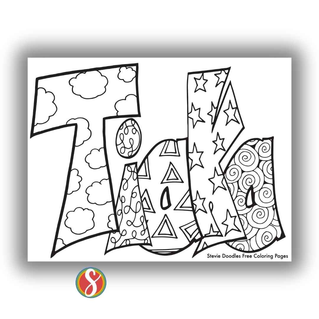 bubble letters "Tiaka" with doodles inside to color