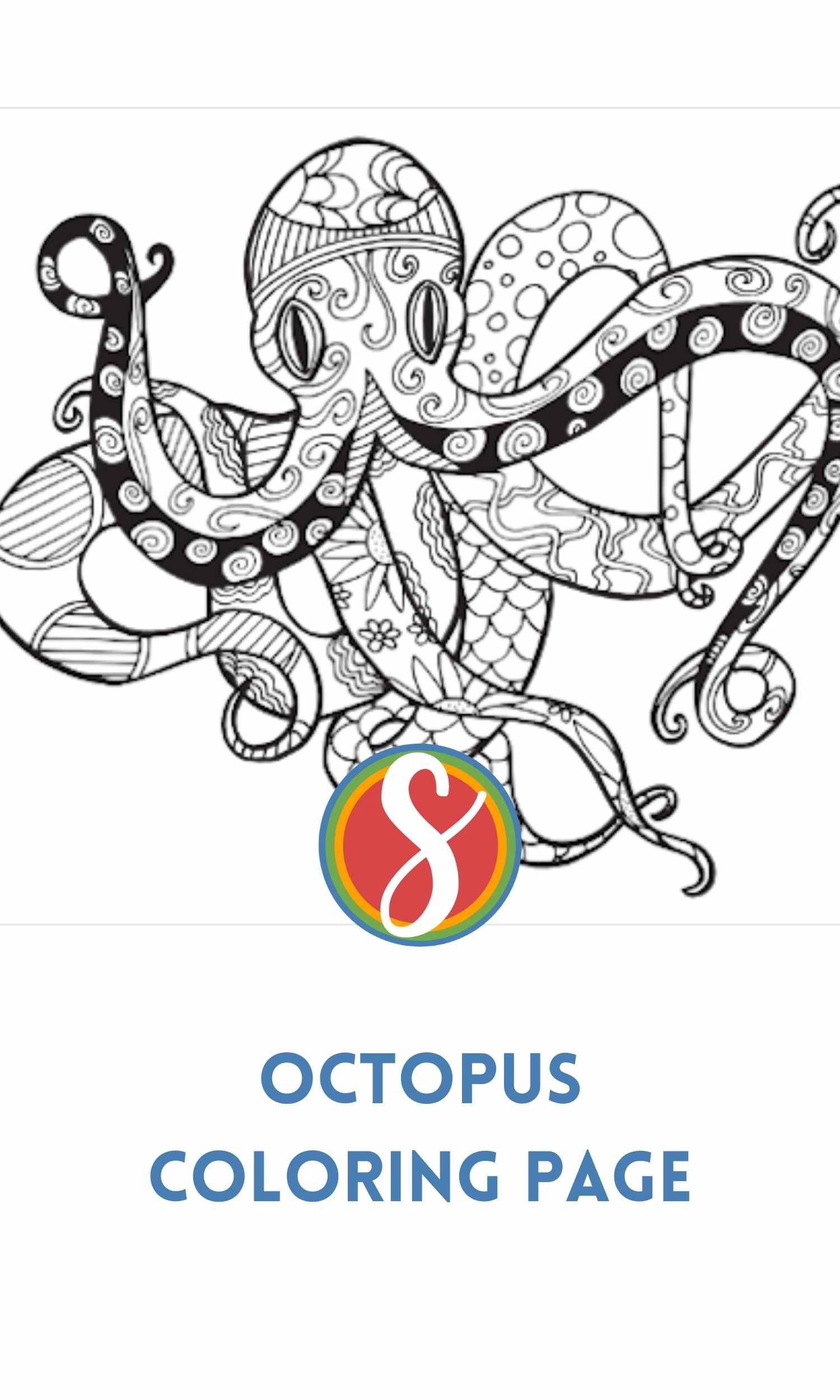 An octopus drawing with complicated doodles inside for a great octopus adult coloring page