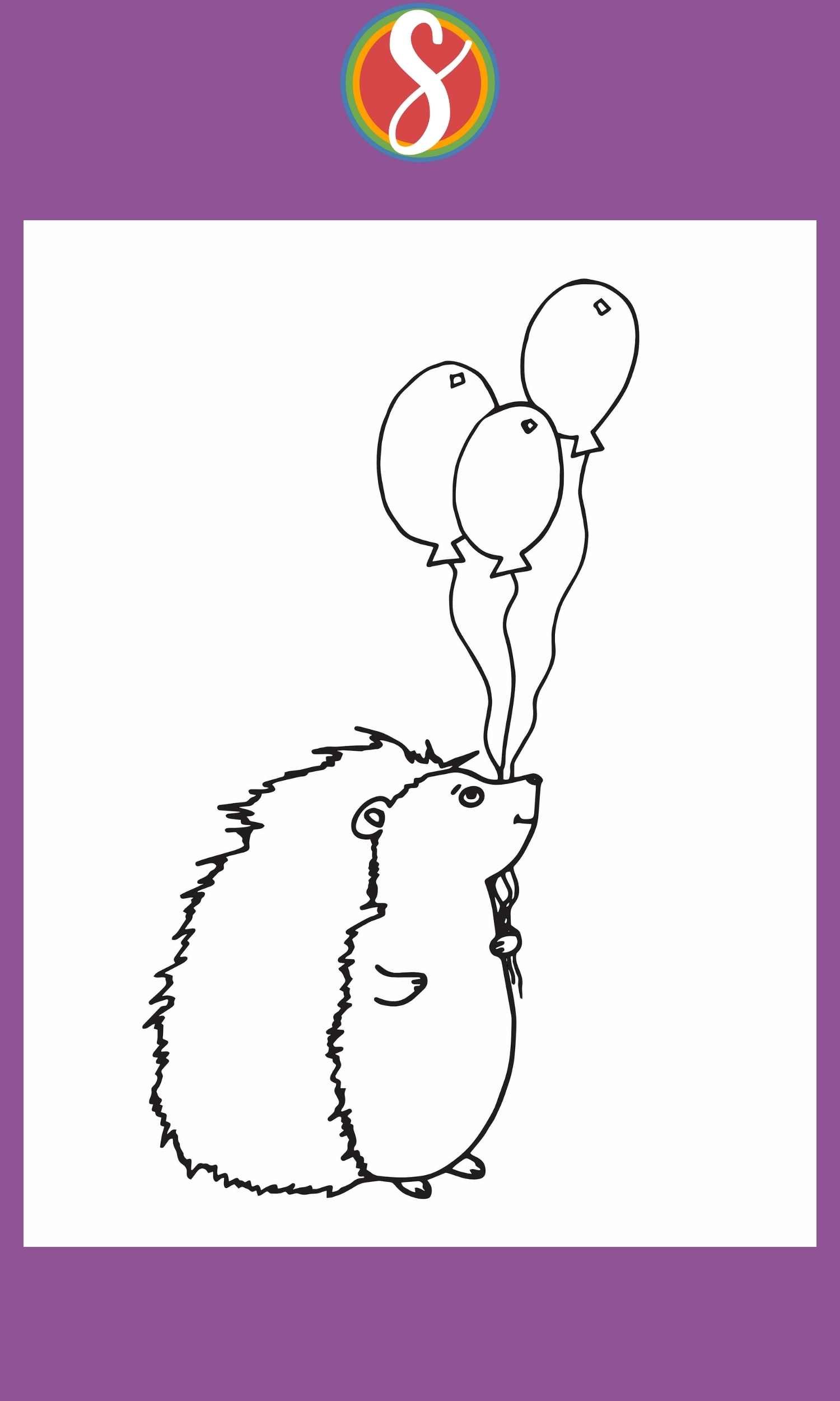a simple hedgehog color page with a hedgehog holding a bunch of balloons
