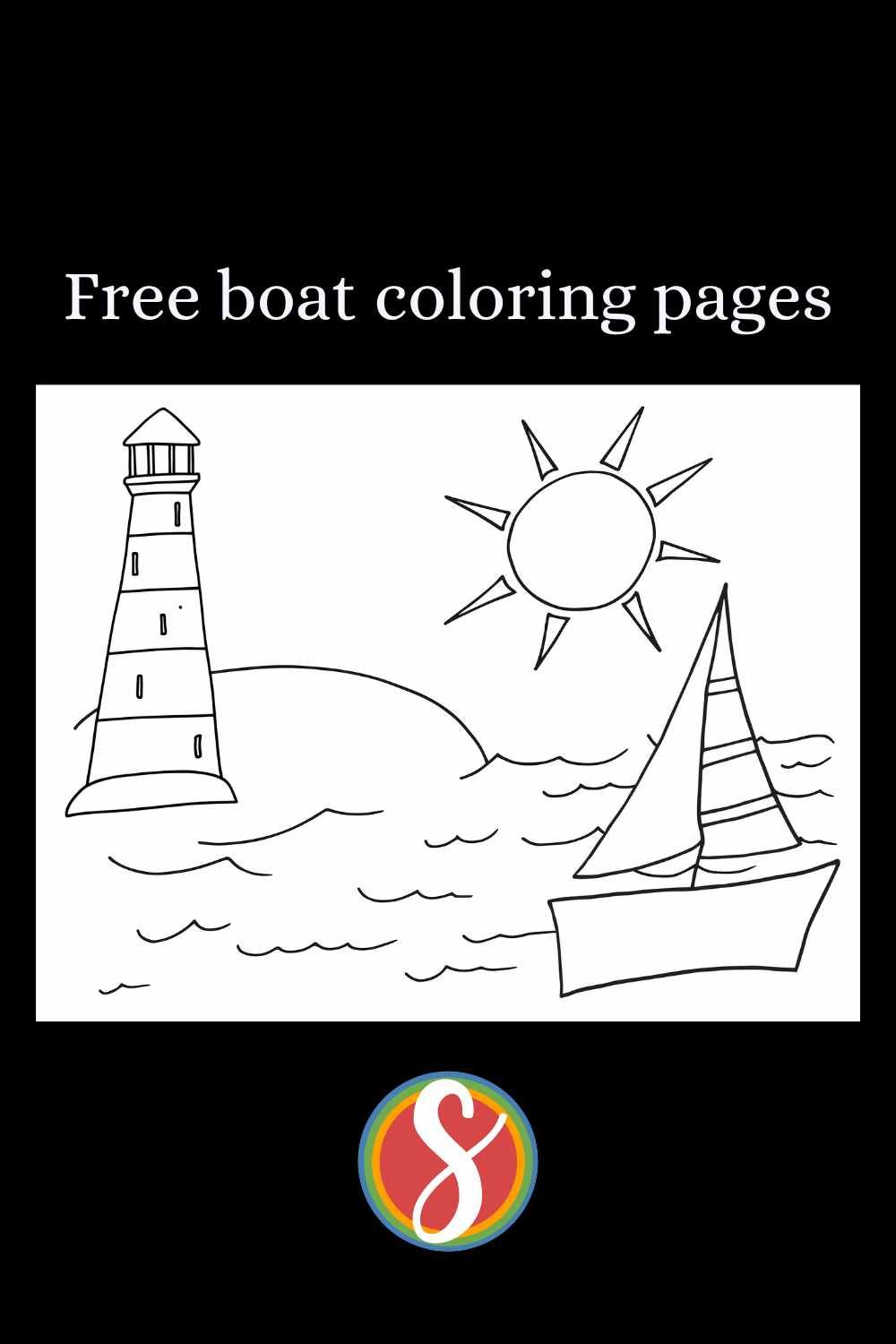 a simple sailboat on water doodles with lighthouse and sun in the background, all colorable