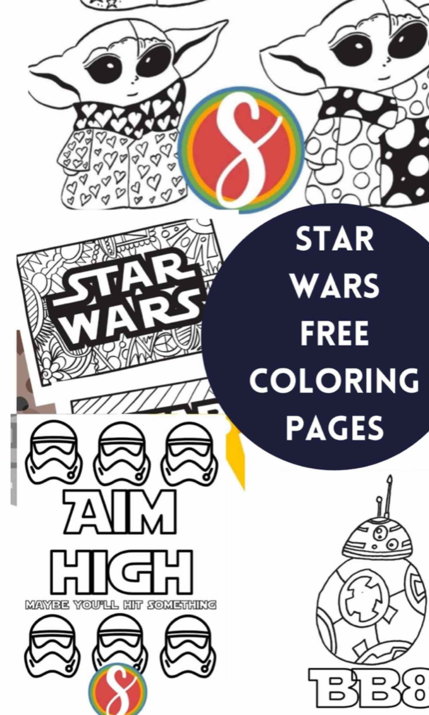 collage of star wars coloring pages with drawings of storm trooper heads, BB8, and star wars logo with colorable doodles