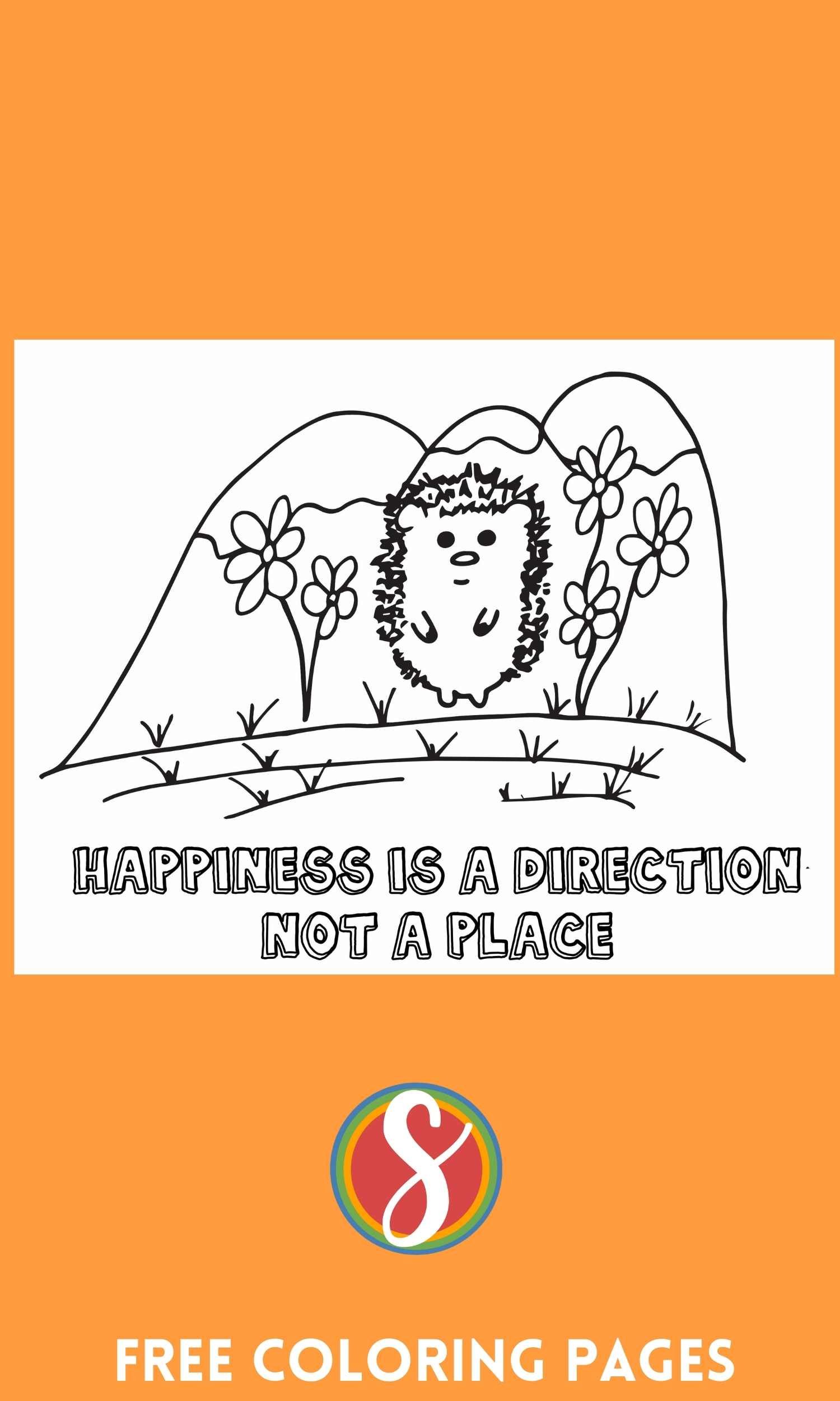hedgehog coloring page with simple little hedgehog in front of a mountain