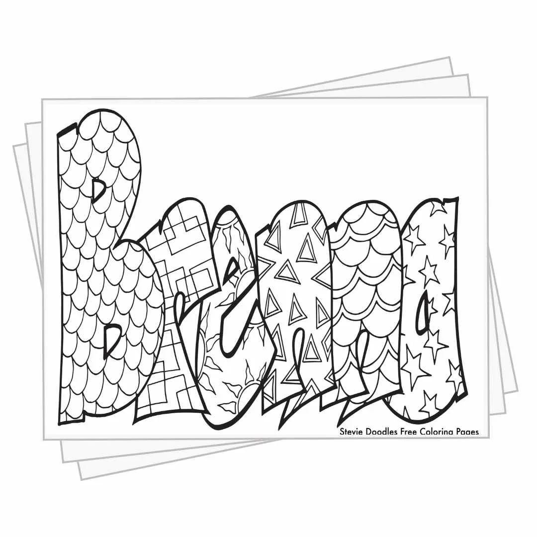 bubble letters "Brenna" with doodles inside to color