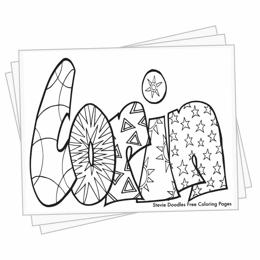 bubble letters "Corin" with doodles inside to color