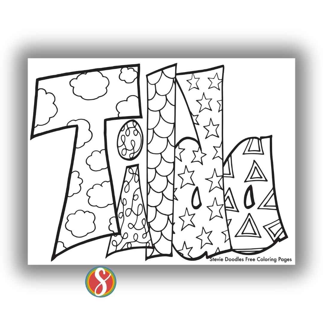 bubble letters "Tilda" with doodles inside to color