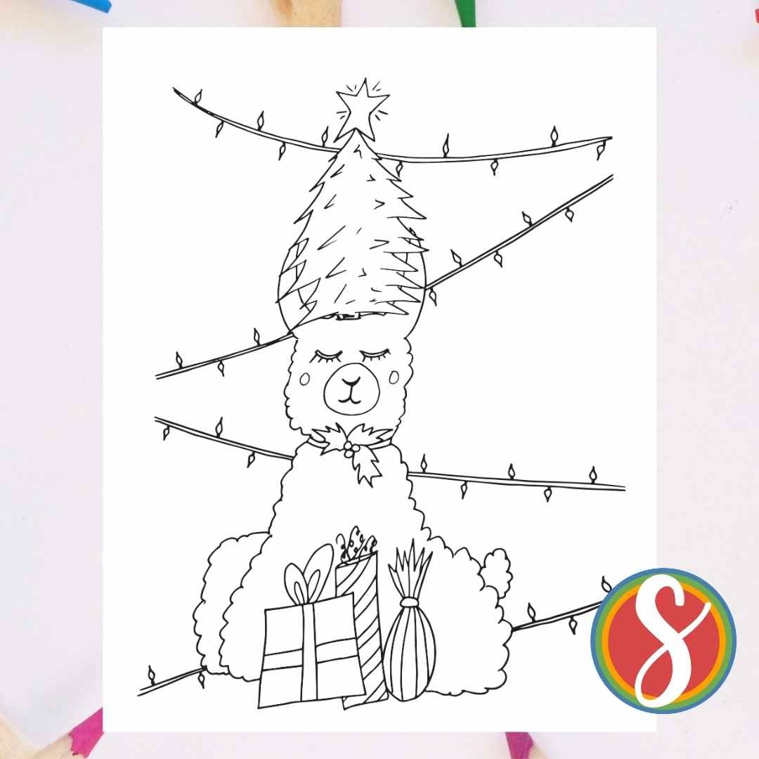 Llama coloring page with a llama wearing a christmas tree hat, sitting among presents