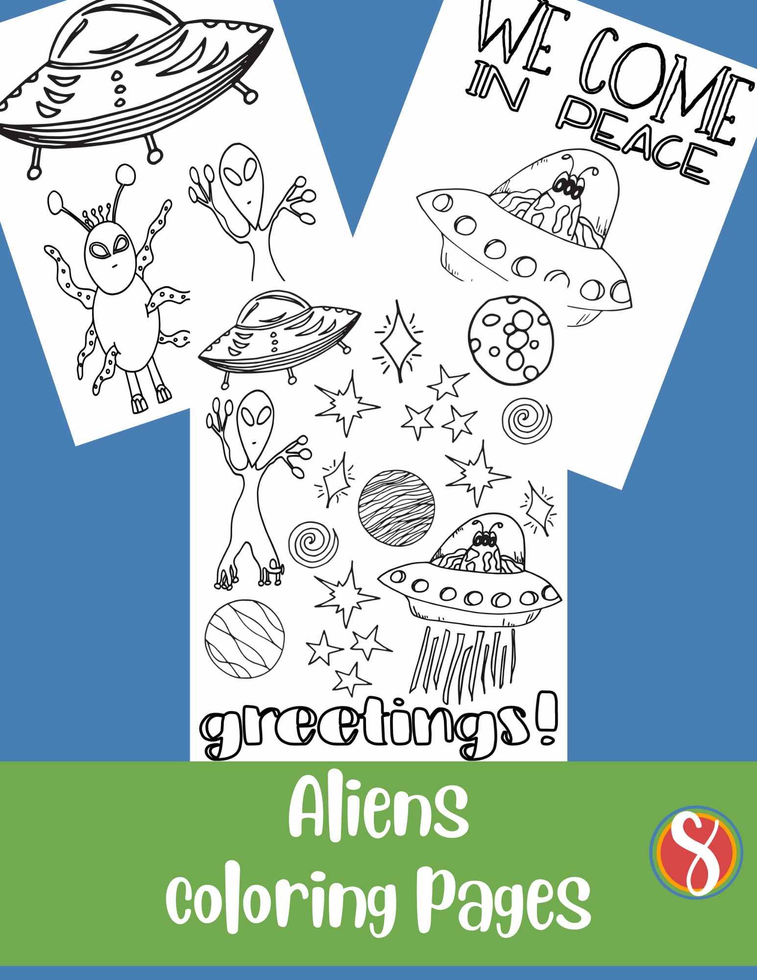 collage of alien coloring pages