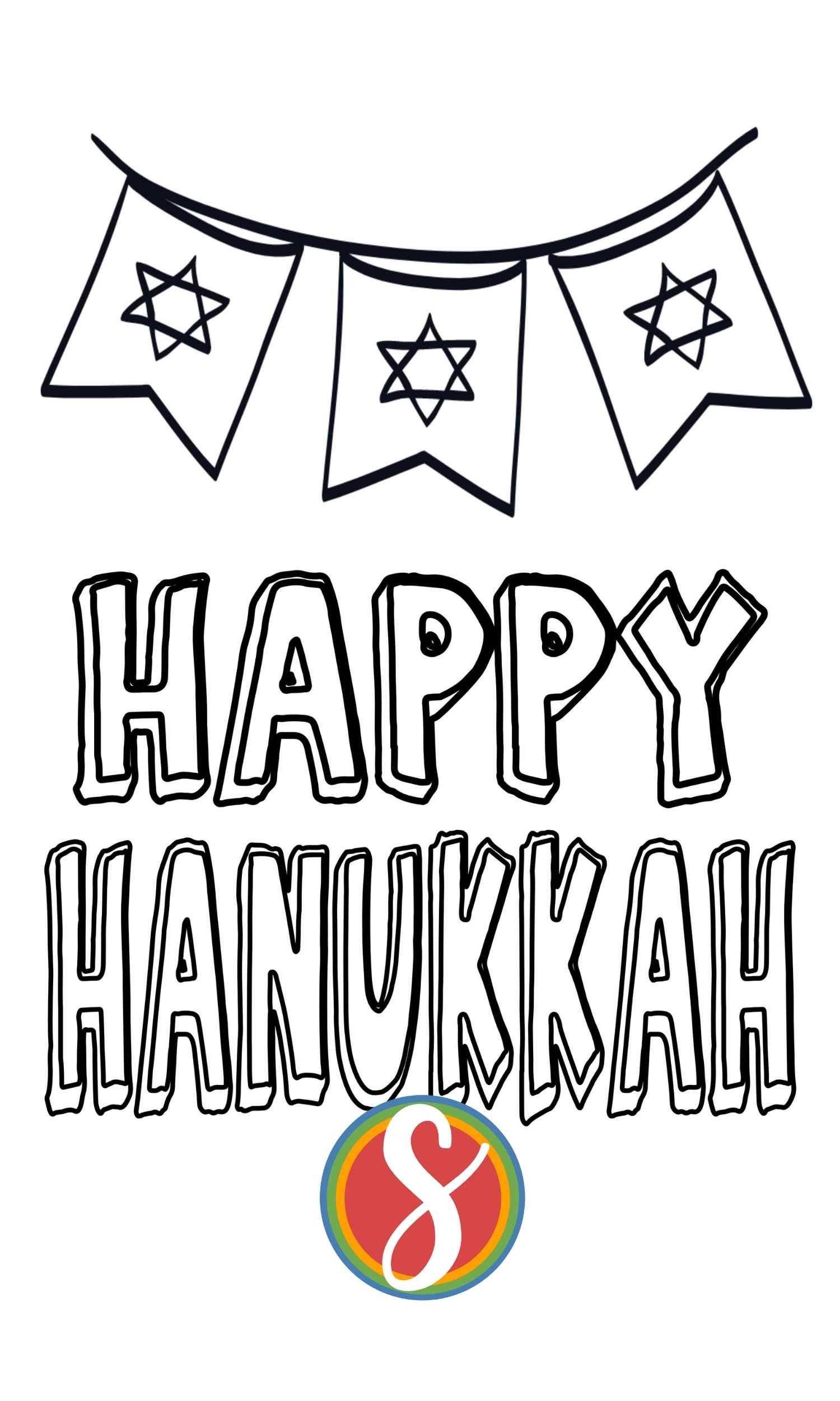 colorable words "Happy Hanukkah" under colorable star of David banner