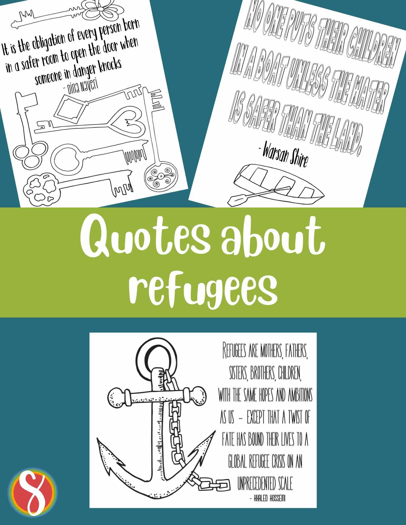 collage of refugee coloring pages on a dark teal background