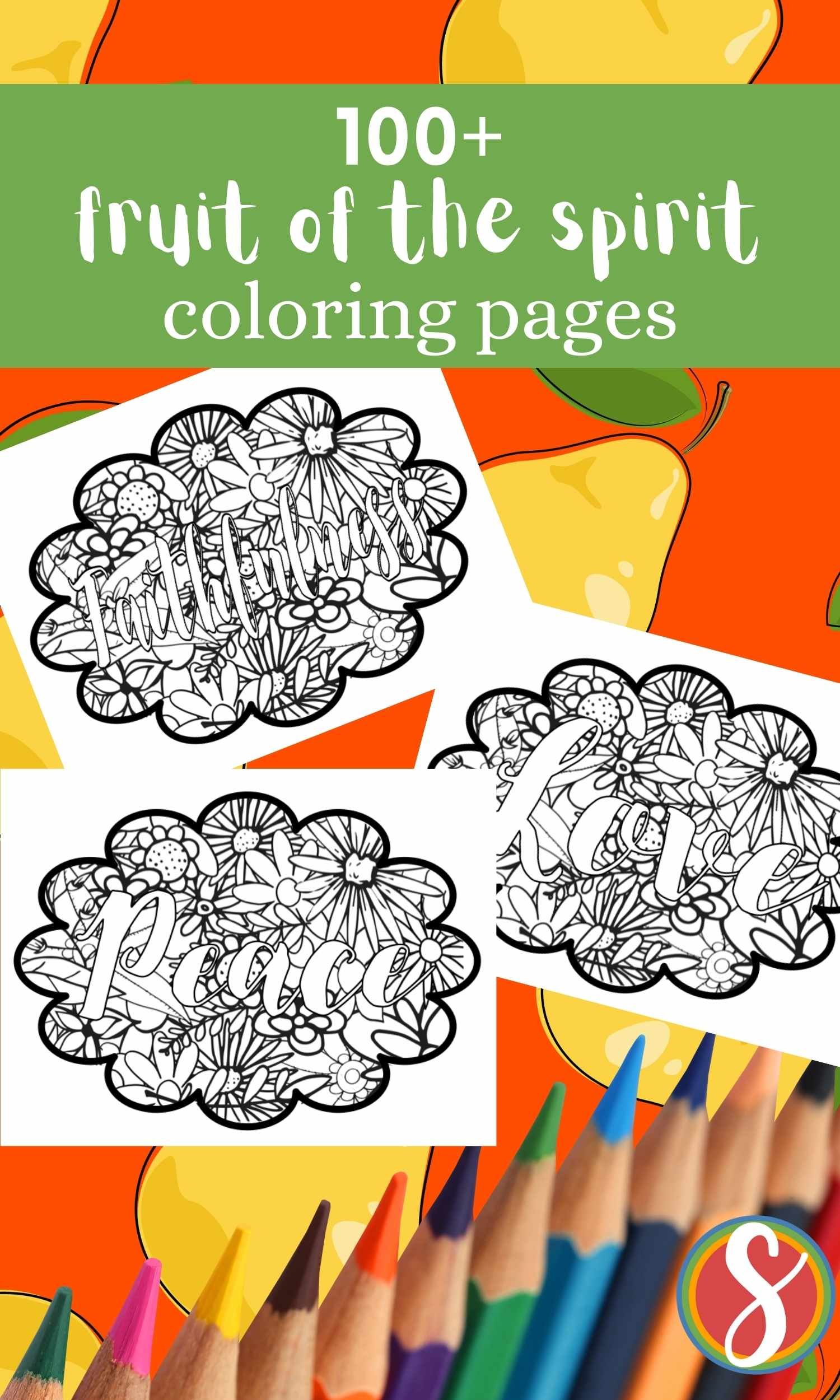 collage of fruit of the spirit coloring pages, each fruit name set inside a cloud full of colorable flowers