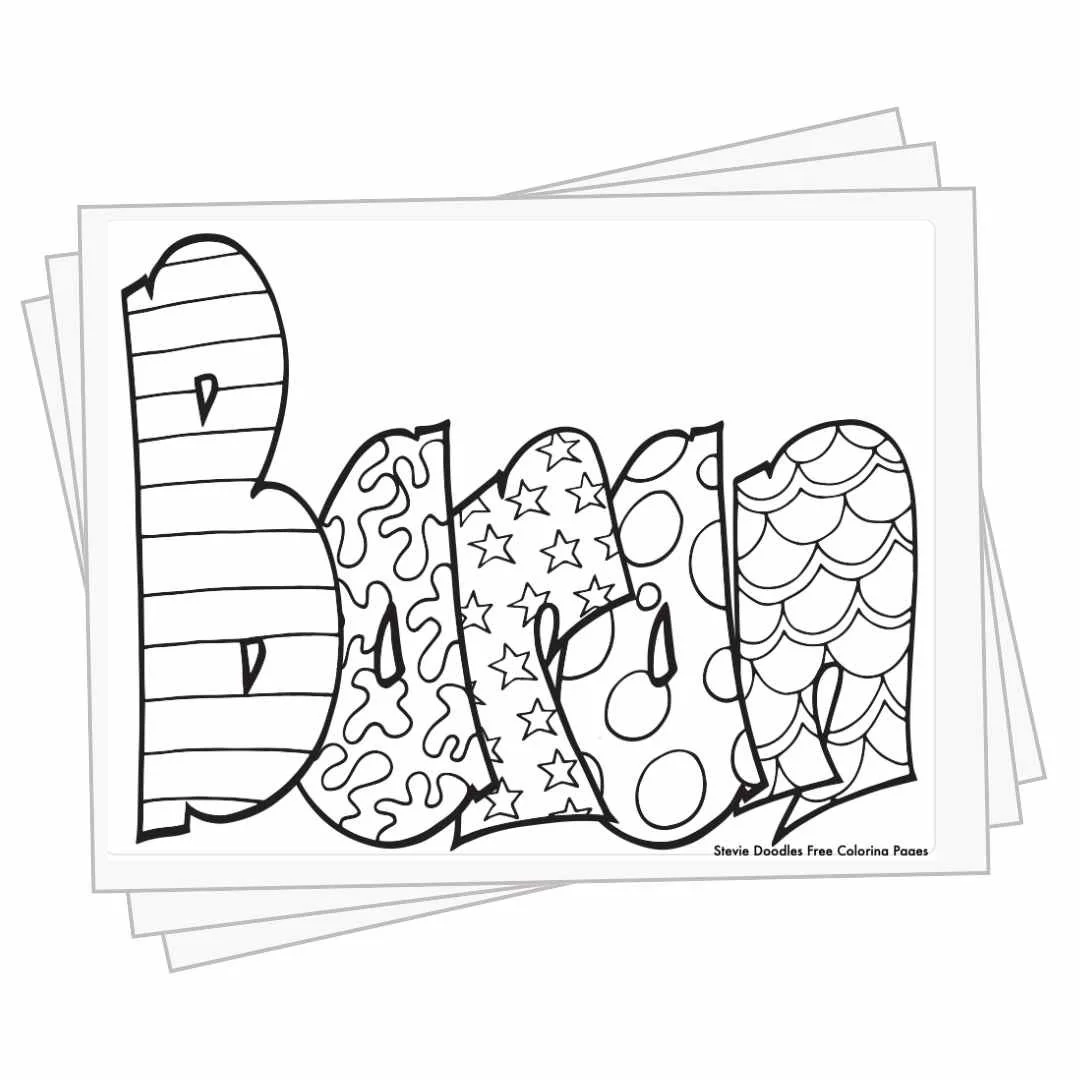 bubble letters "Baran" with doodles inside to color