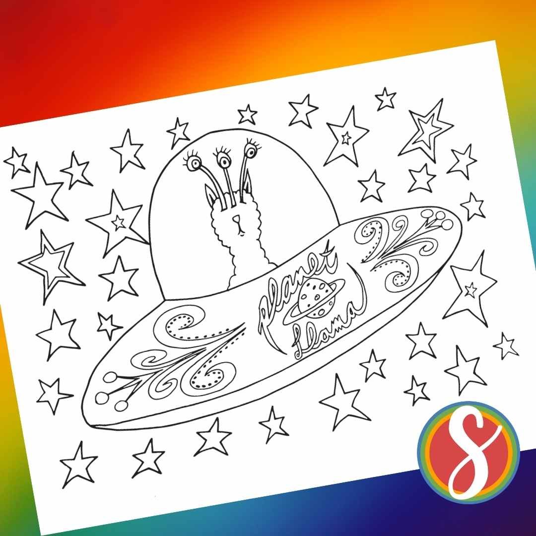A llama coloring page with an alien llama flying a spaceship with a background of stars