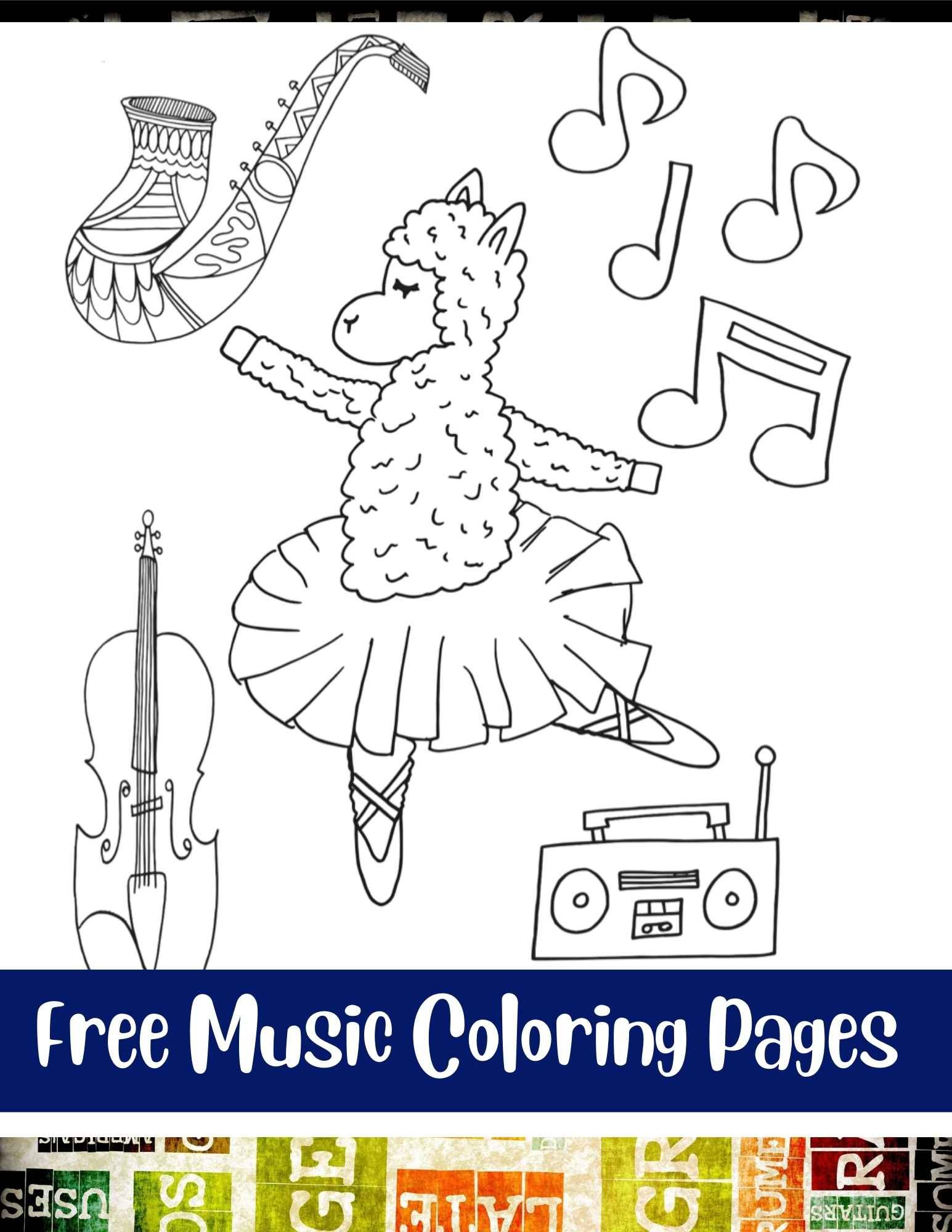 llama ballerina, boombox, violin, music notes, saxophone coloring page