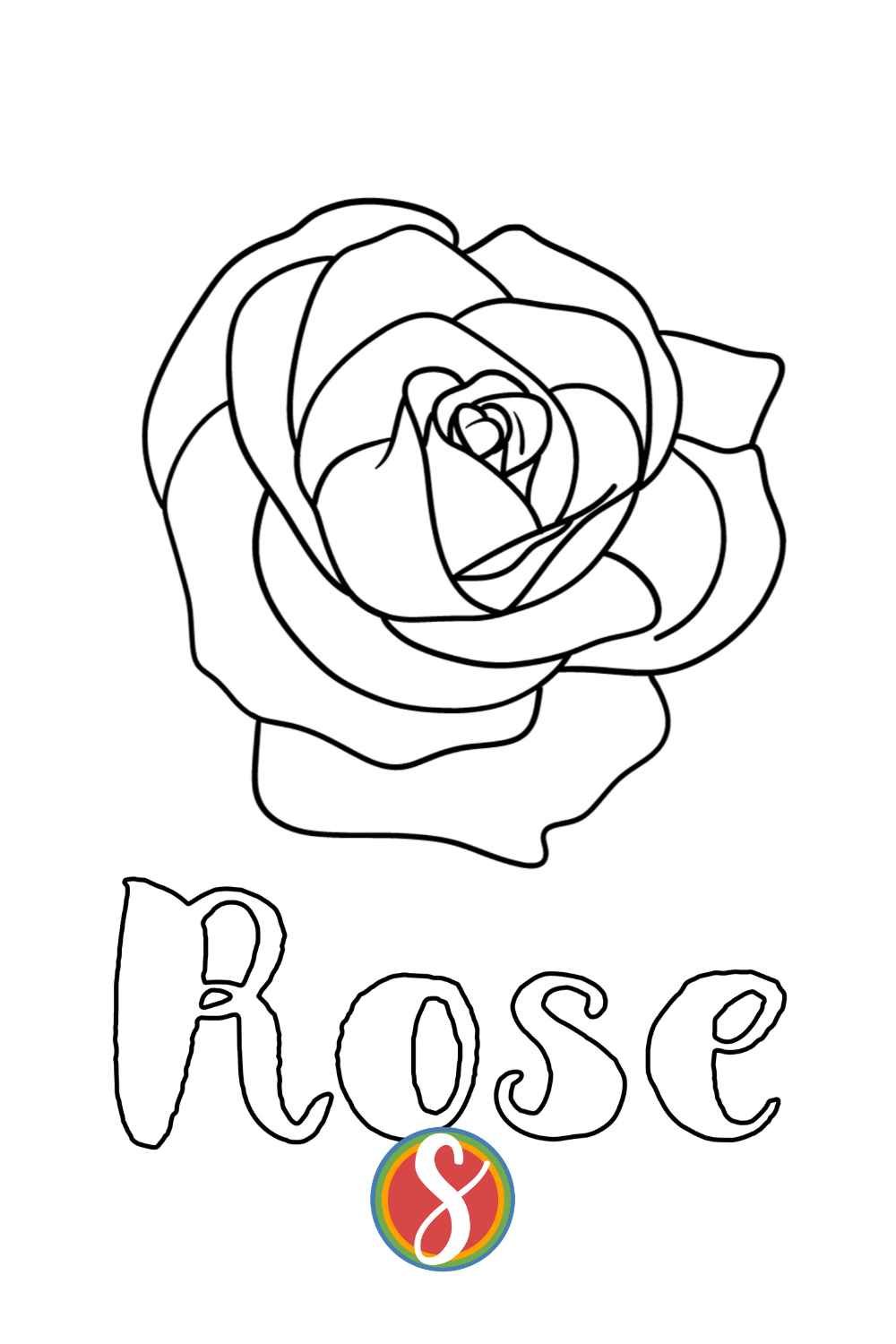 colorable text "rose" under an image of a rose