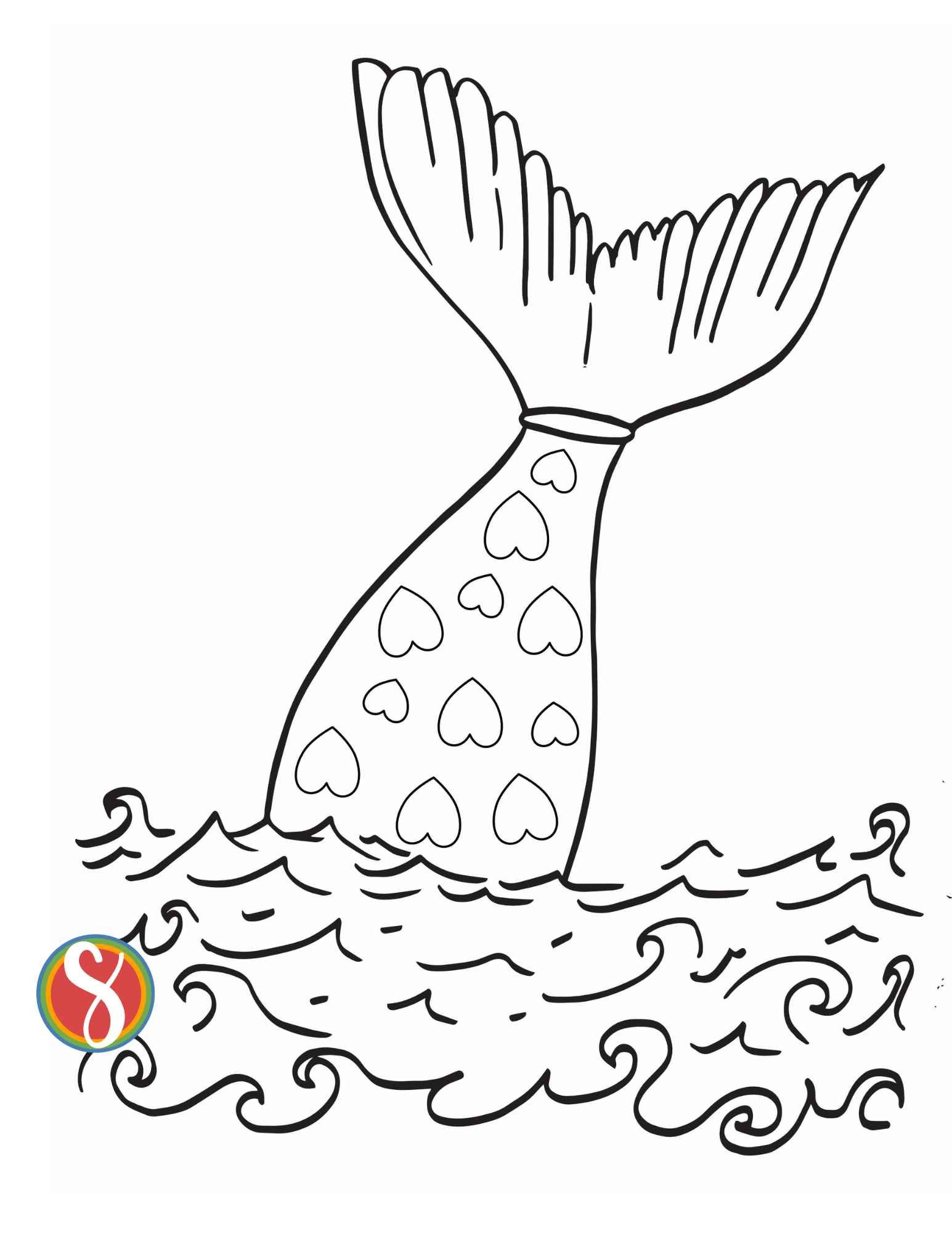 A large mermaid tail coming out of little waves. The tail is full of little colorable hearts