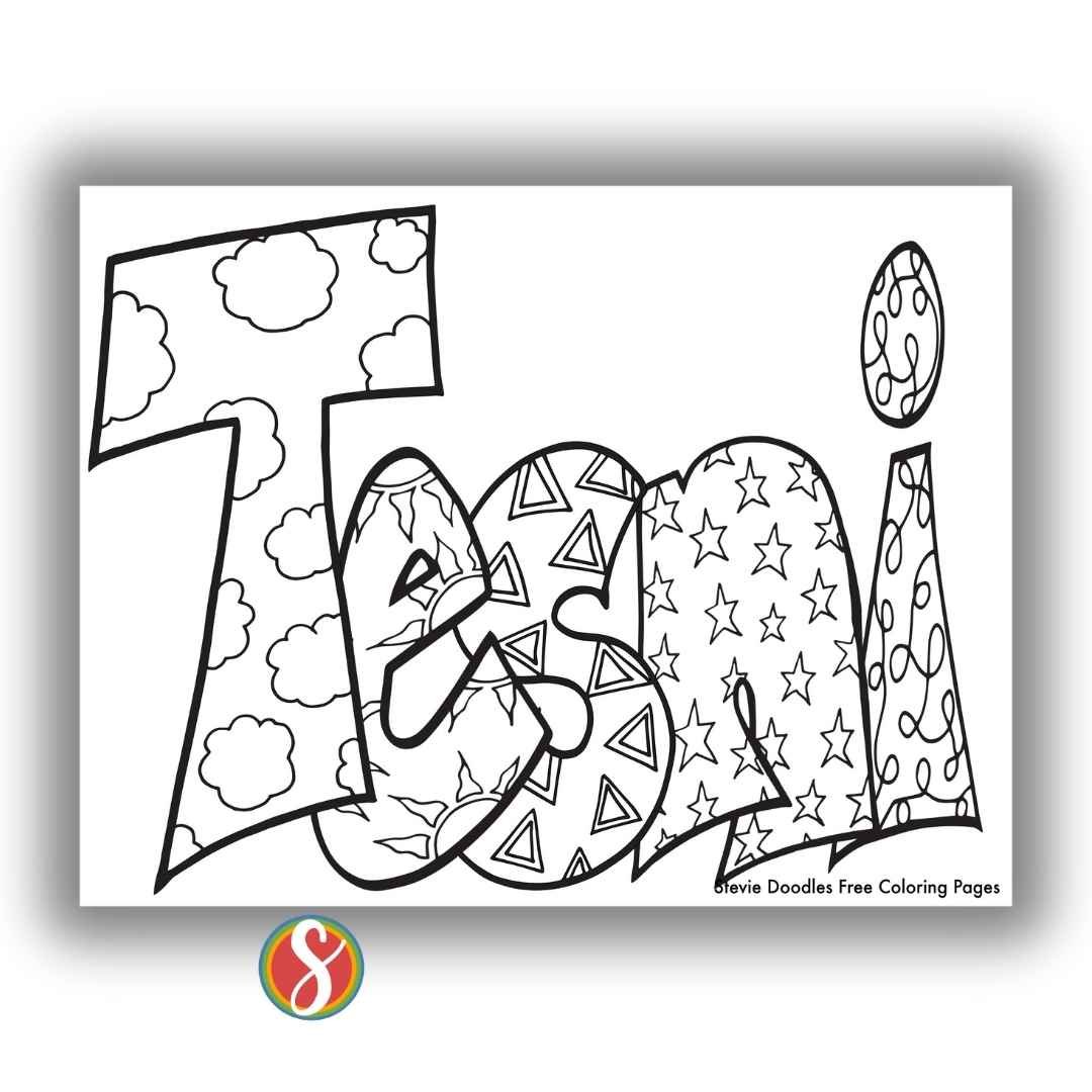 bubble letters "Tesni" with doodles inside to color