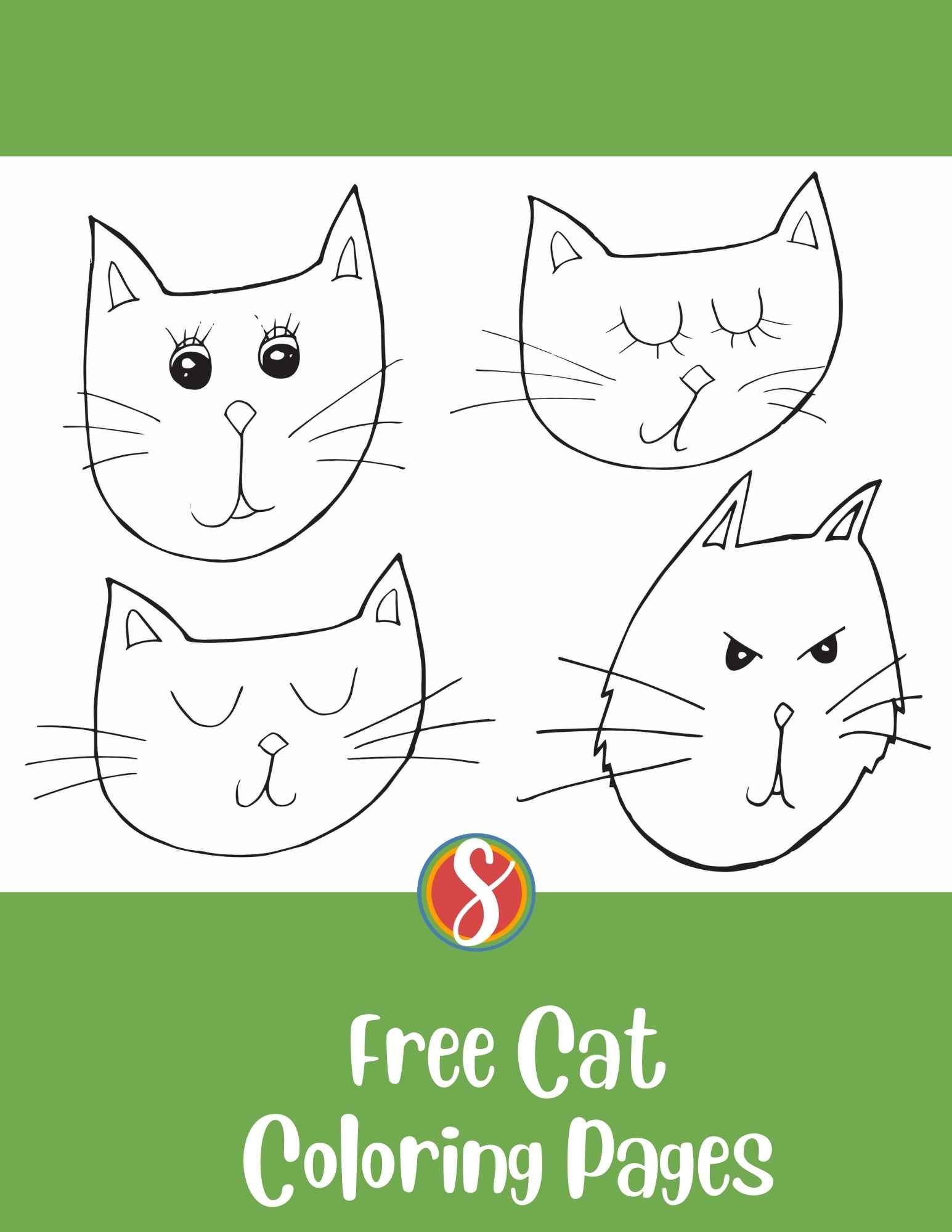 cat coloring page with 4 simple cat faces